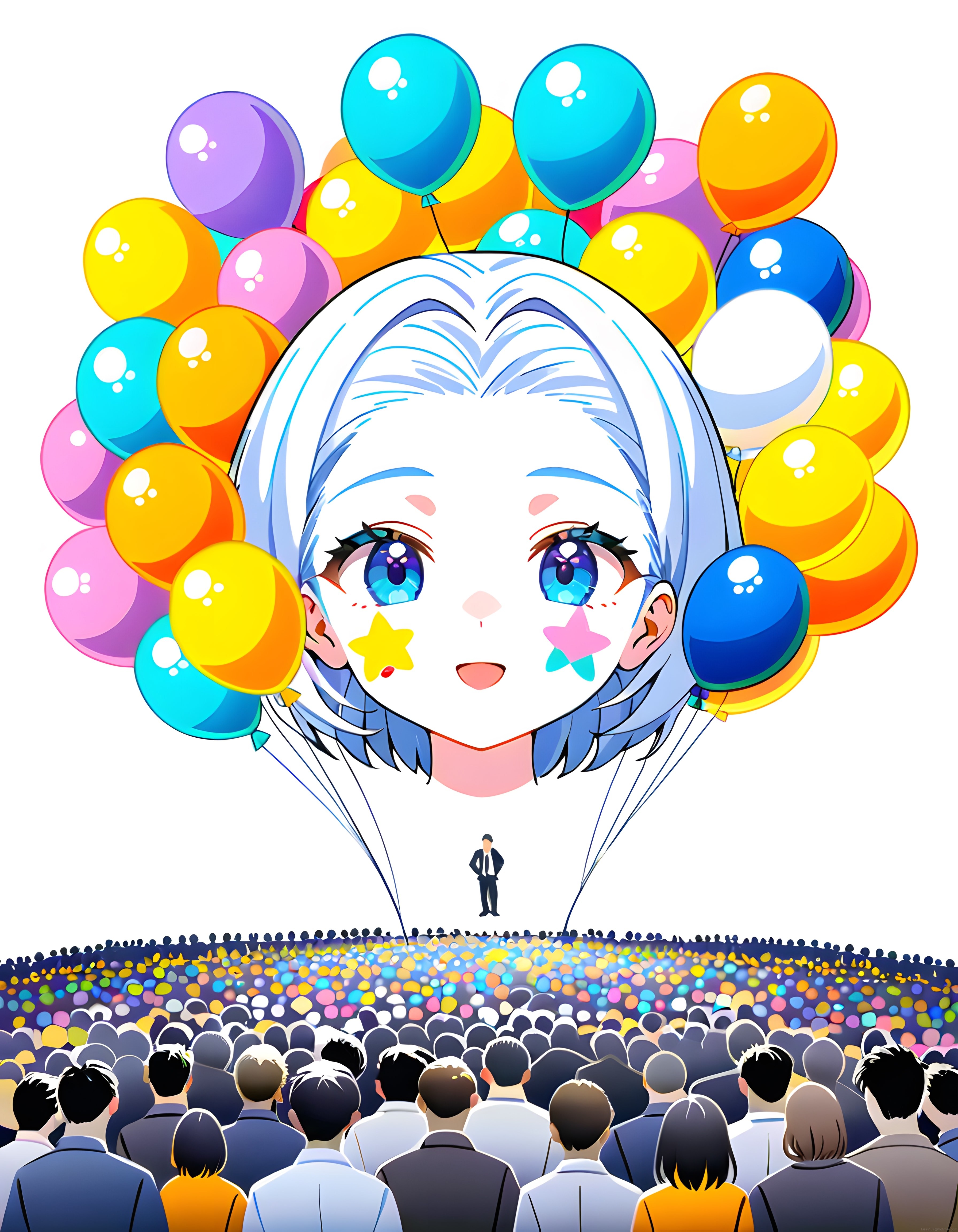 Renkli Balonlarla Süslenmiş Dev Anime Kız ve Alttaki Kalabalığın İlginç Anı