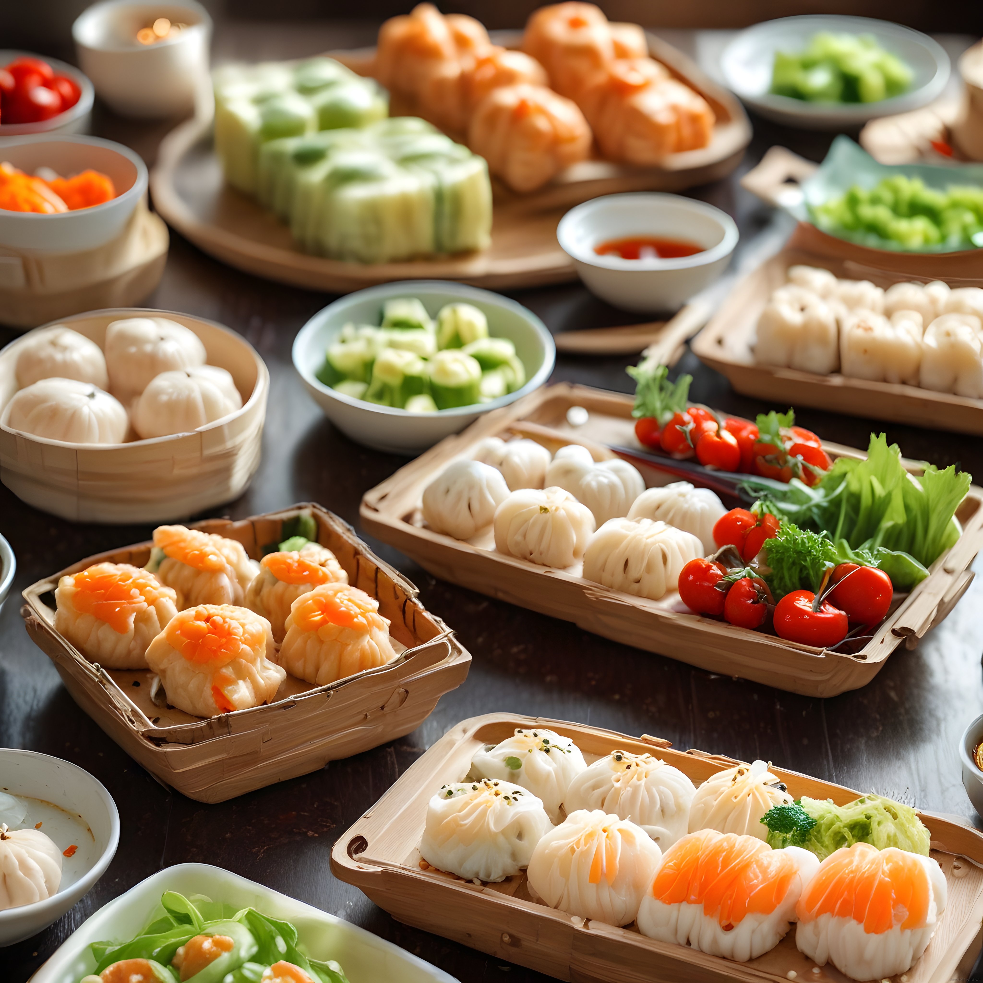 Renkli Bambu Sepetlerde Sunulan Geleneksel Asya Mantı ve Dim Sum Çeşitleri
