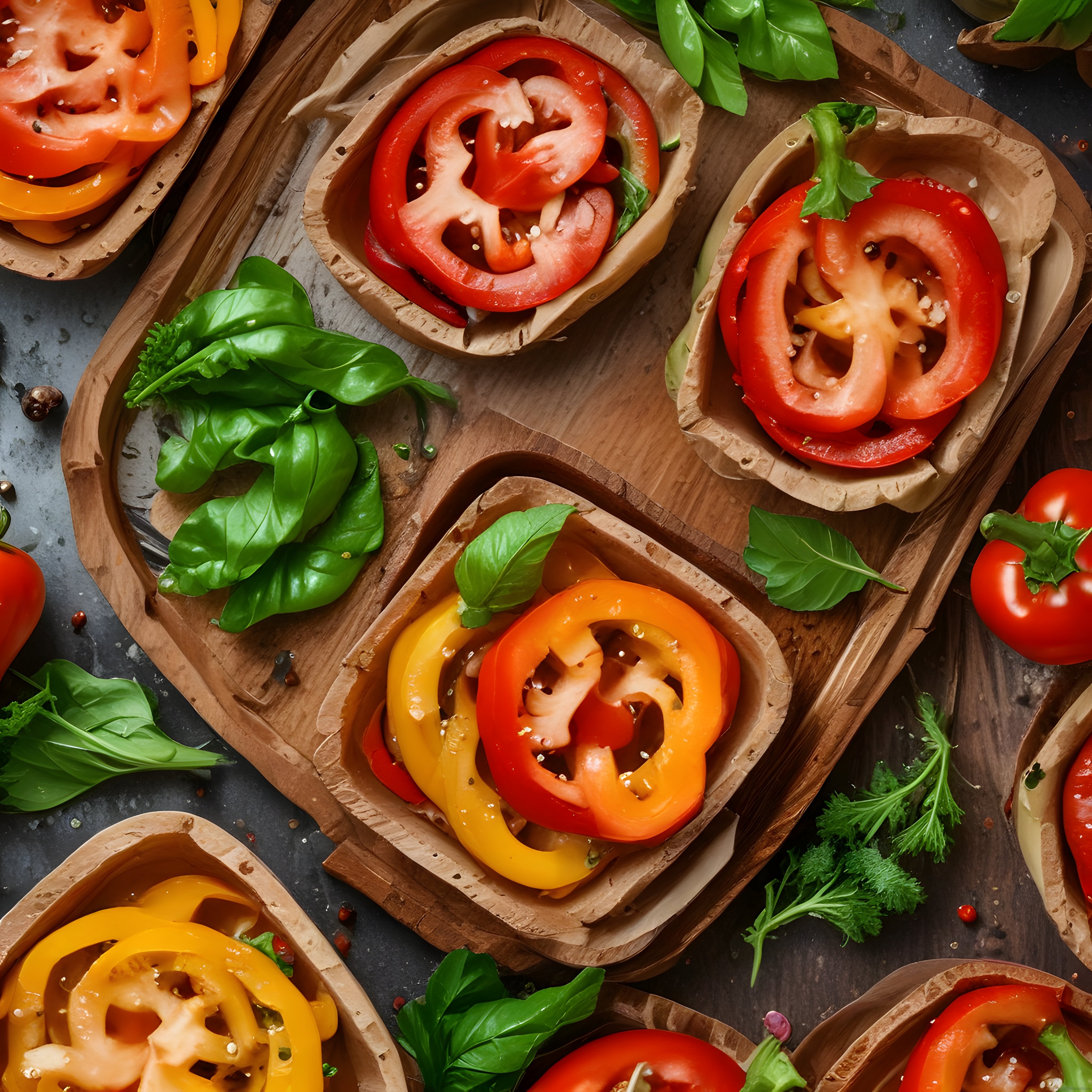 Renkli Biber Dilimleri ve Fesleğenli Rustik Bruschetta Hazırlığı