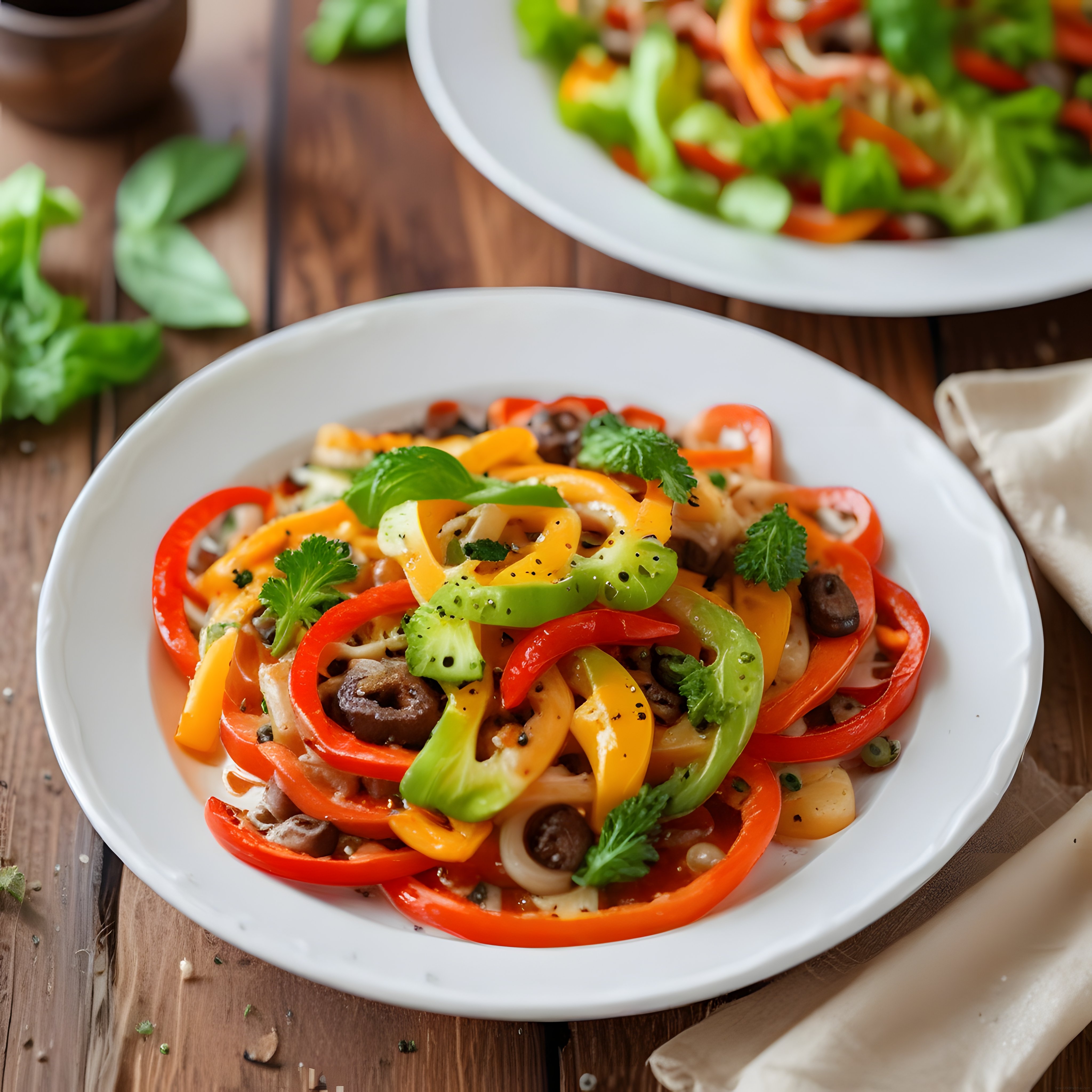 Renkli biberlerle süslenmiş avokadolu mantarlı noodle salata kasesi