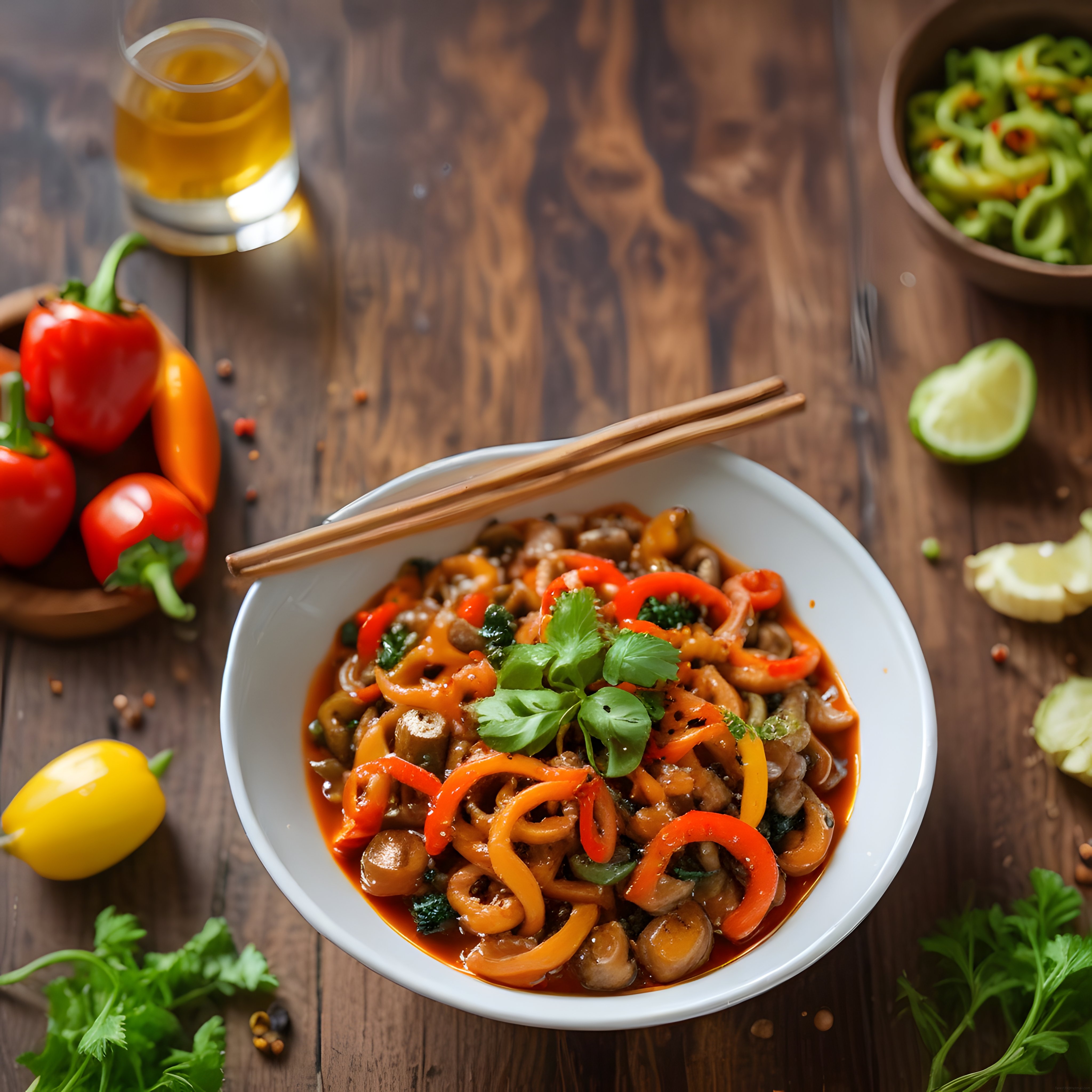 Renkli Biberli Asya Usulü Noodle ve Mantar Yemeği – Ahşap Masa Sunumu