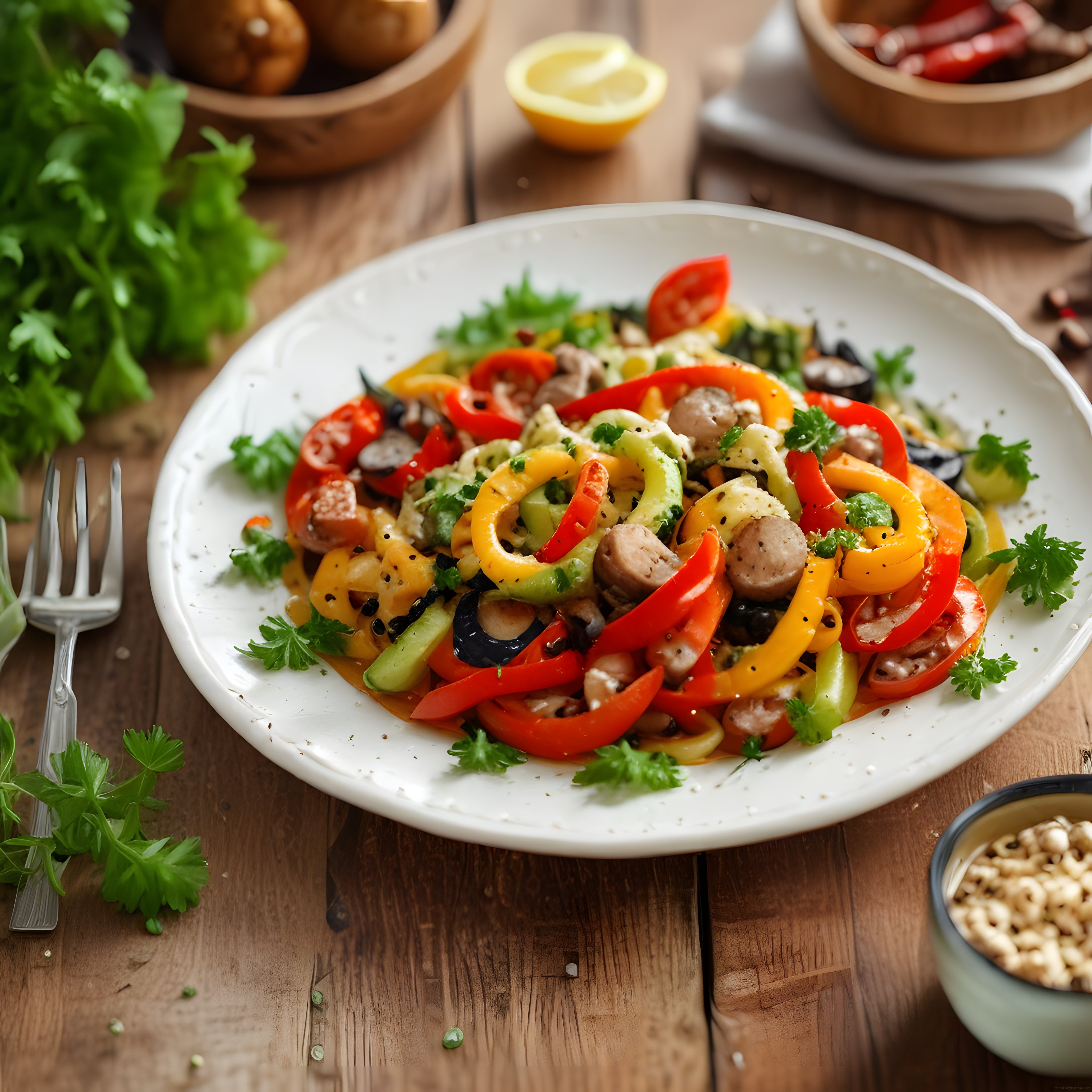 Renkli Biberli Sosis Salatası: Rustik Mutfak Sunumu ve Lezzet