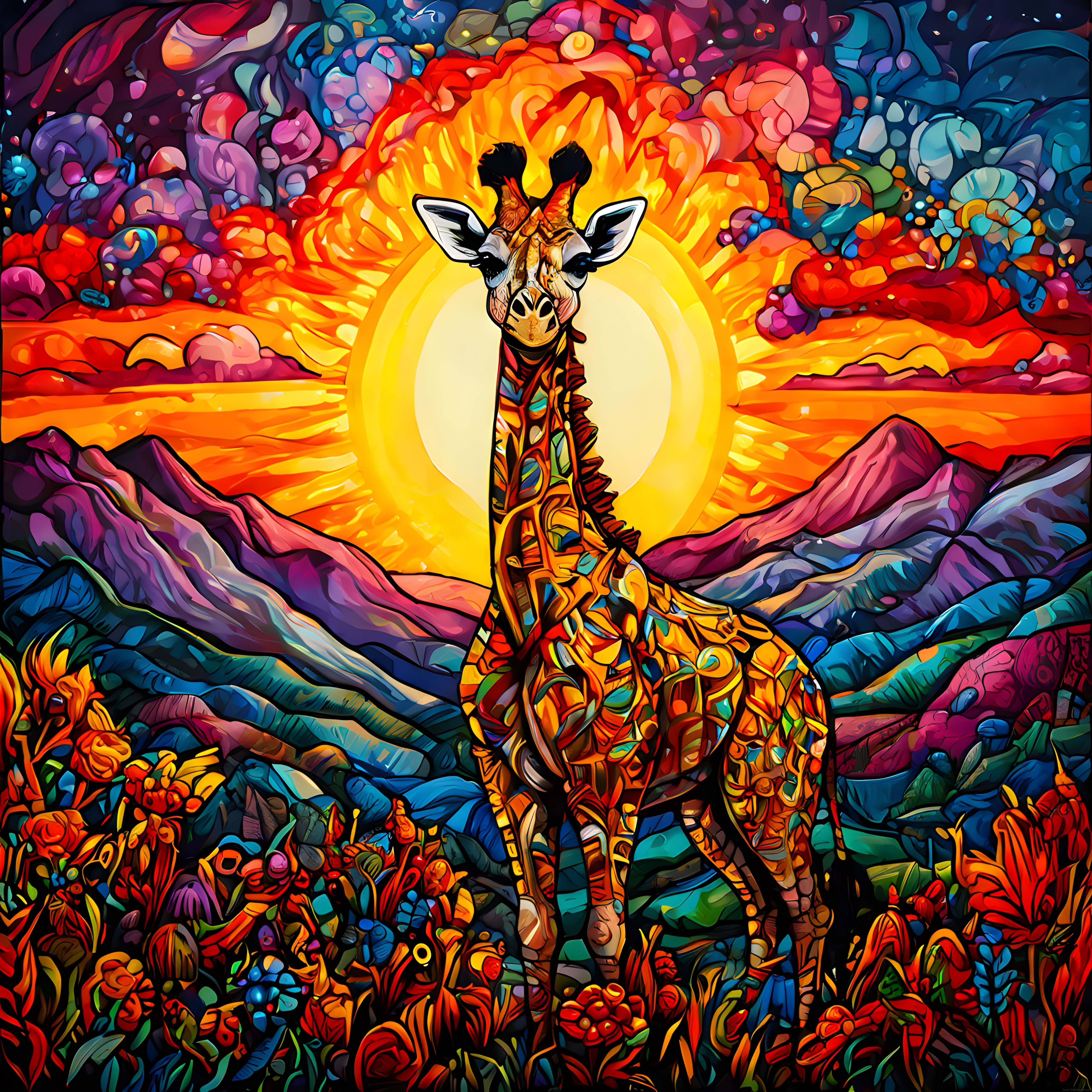 Renkli Bir Gün Batımında Zürafa: Dijital Sanat ve Psychedelic Tarz
