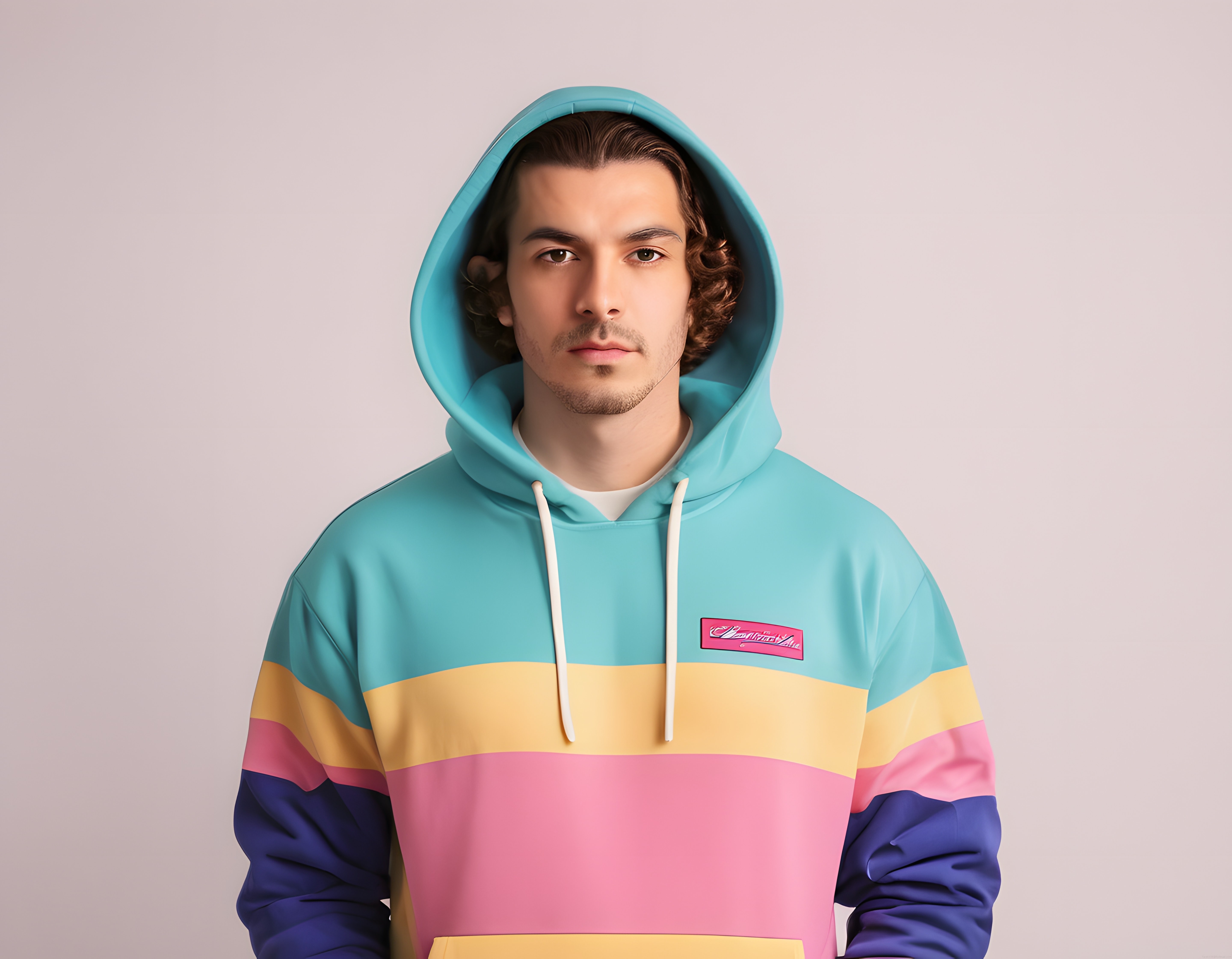 Renkli Blok Desenli Kapüşonlu Sweatshirt ve Modern Erkek Modası Stüdyo Portresi