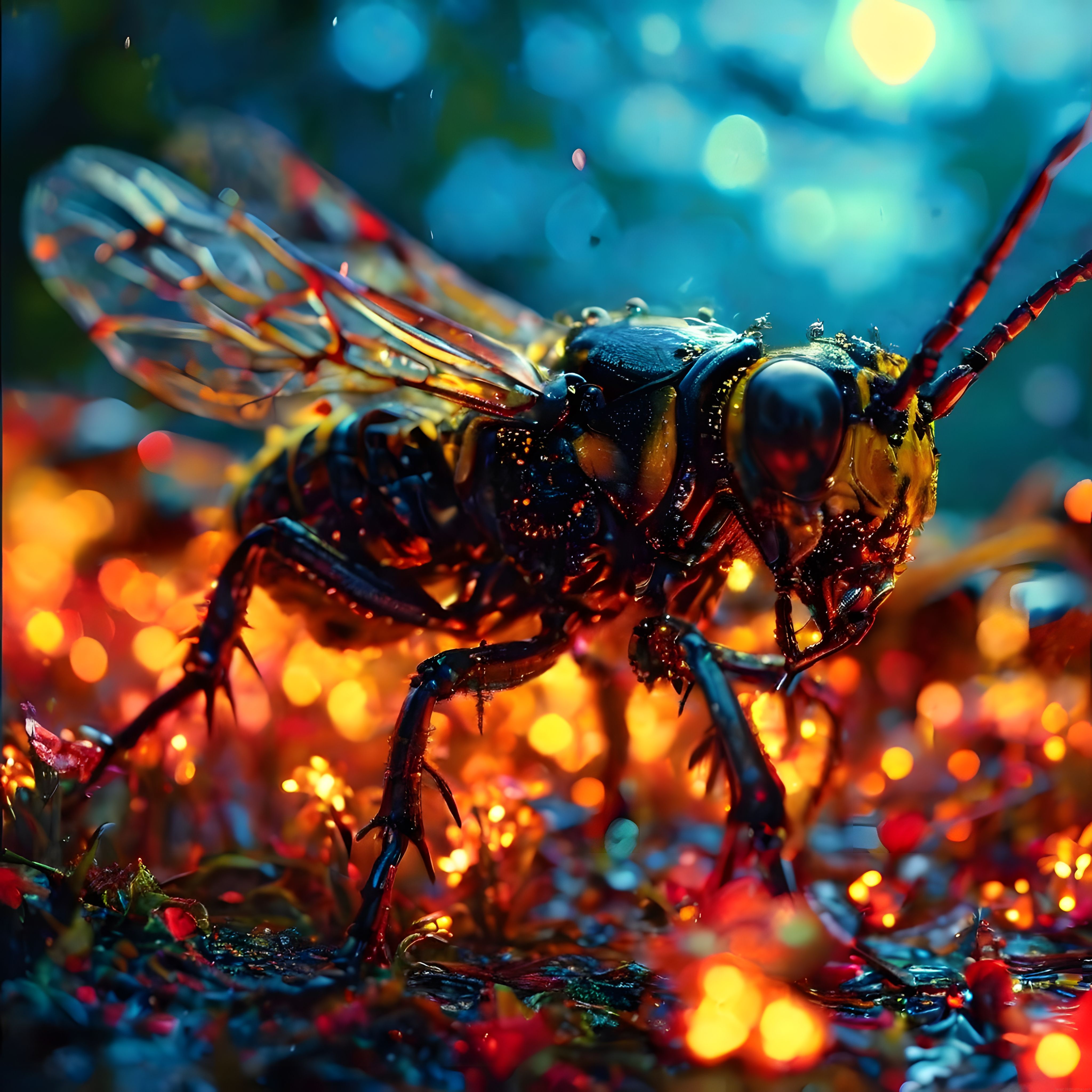 Renkli Bokeh Işıklar Arka Planda Makro Çekim Yaban Arısı Portresi