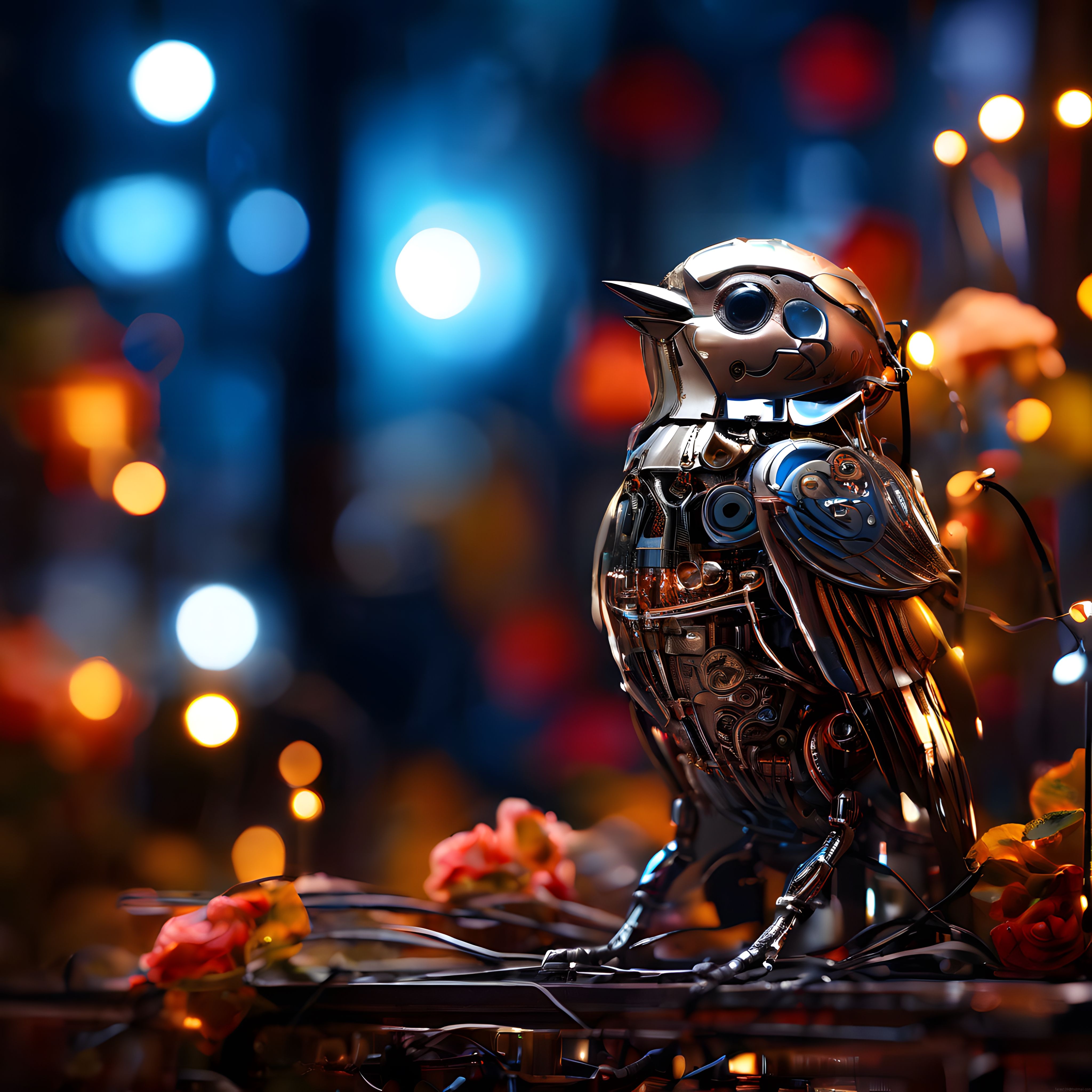 Renkli Bokeh Işıklar Önünde Parlayan Metal Mekanik Kuş Sanat Eseri