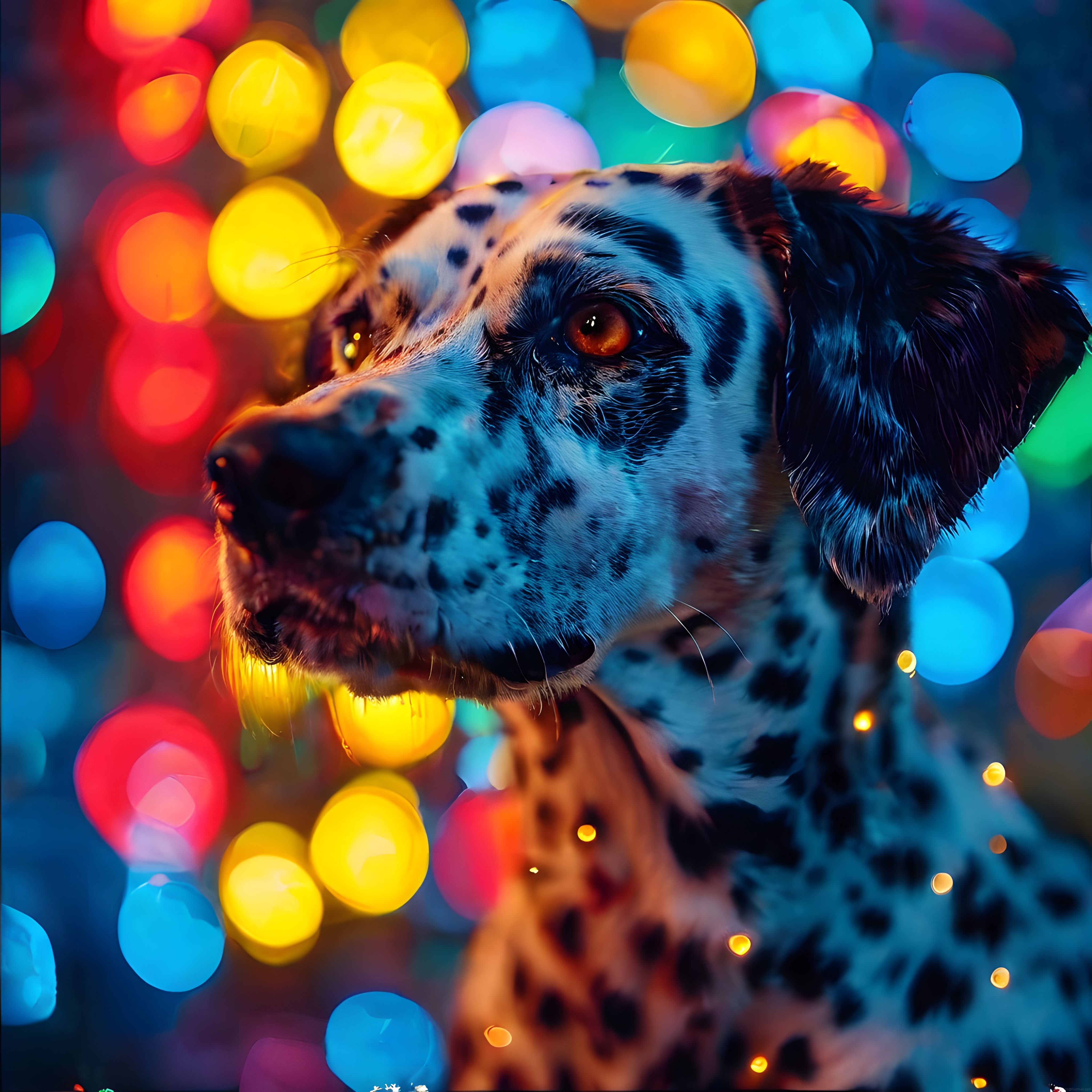 Renkli Bokeh Işıkları Önünde Sevimli Dalmaçyalı Köpek Portresi