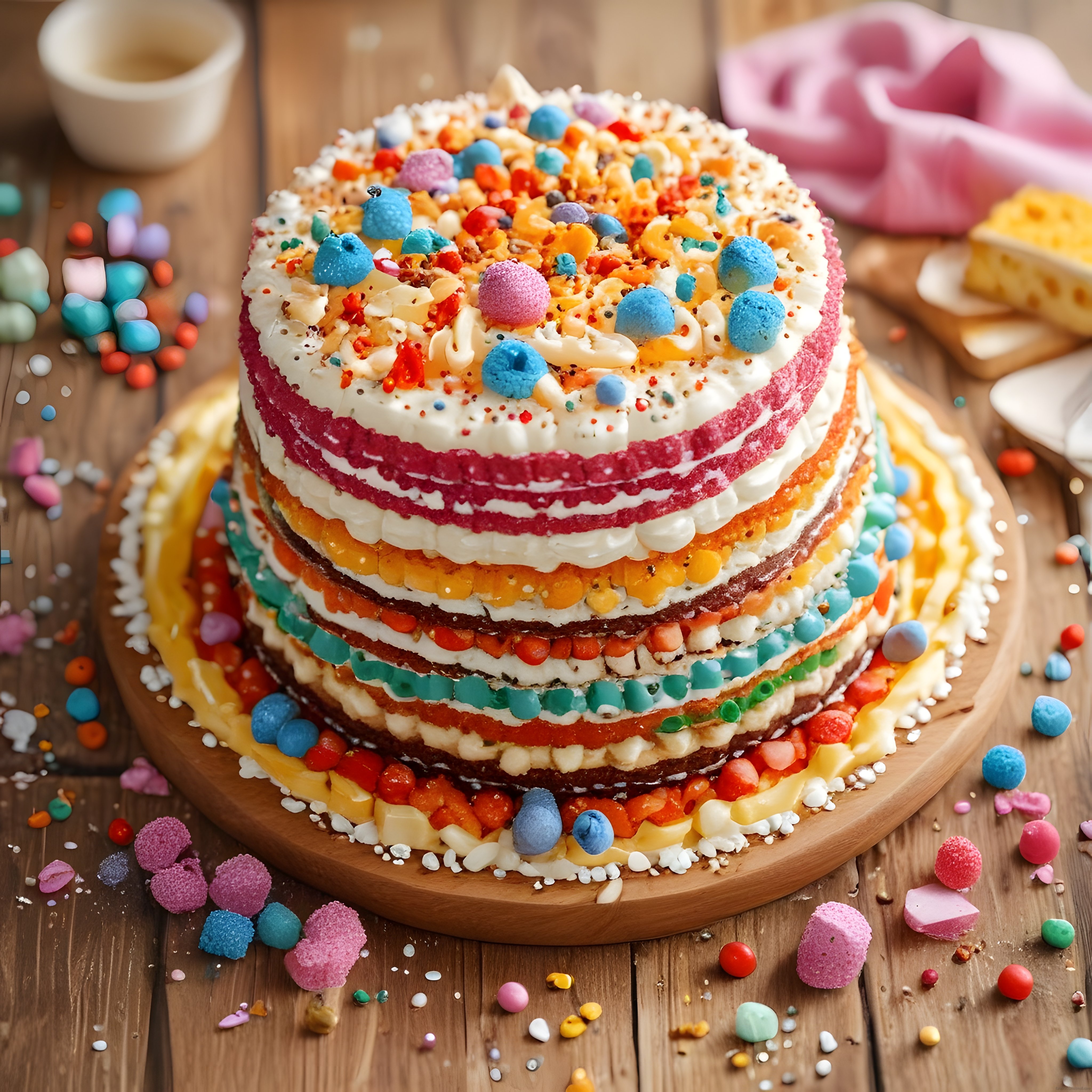 Renkli Bonbon ve Krema Katmanlarıyla Süslenmiş Özel Doğum Günü Pastası