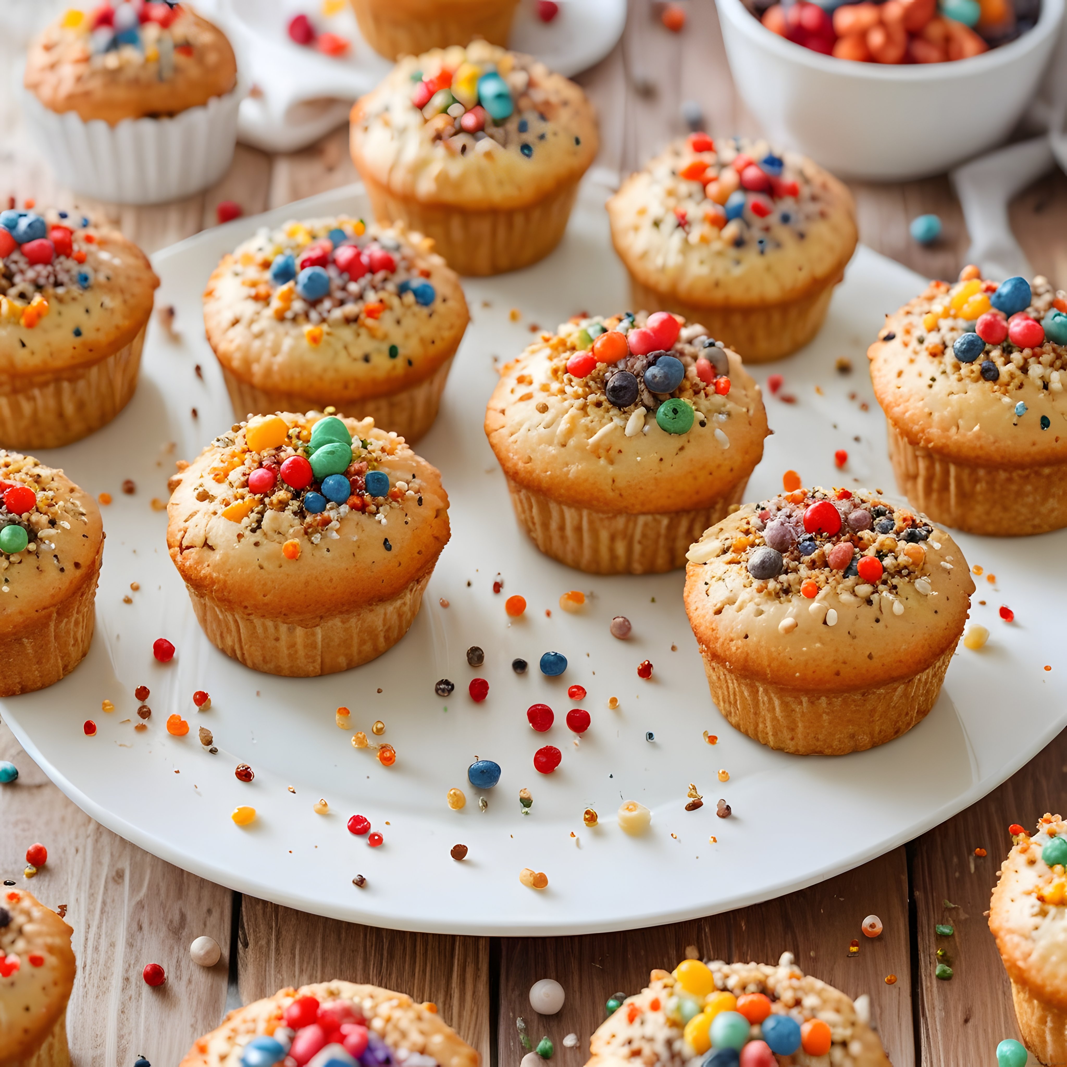 Renkli Boncuk Şekerlemelerle Süslenmiş Muffinler ve Ev Yapımı Cupcakeler