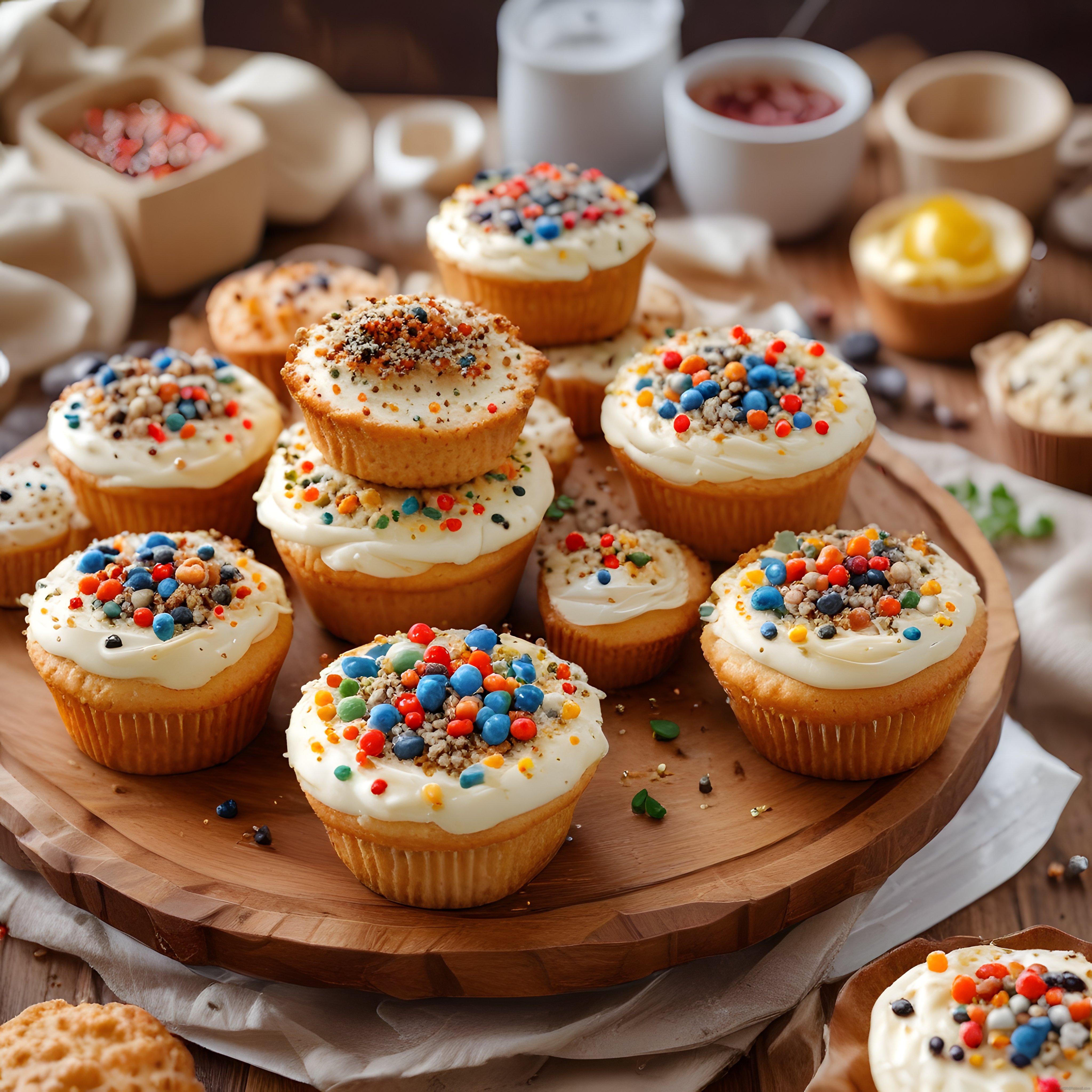 Renkli Boncuklarla Süslenmiş Beyaz Krema Kaplı Muffin ve Cupcake Çeşitleri