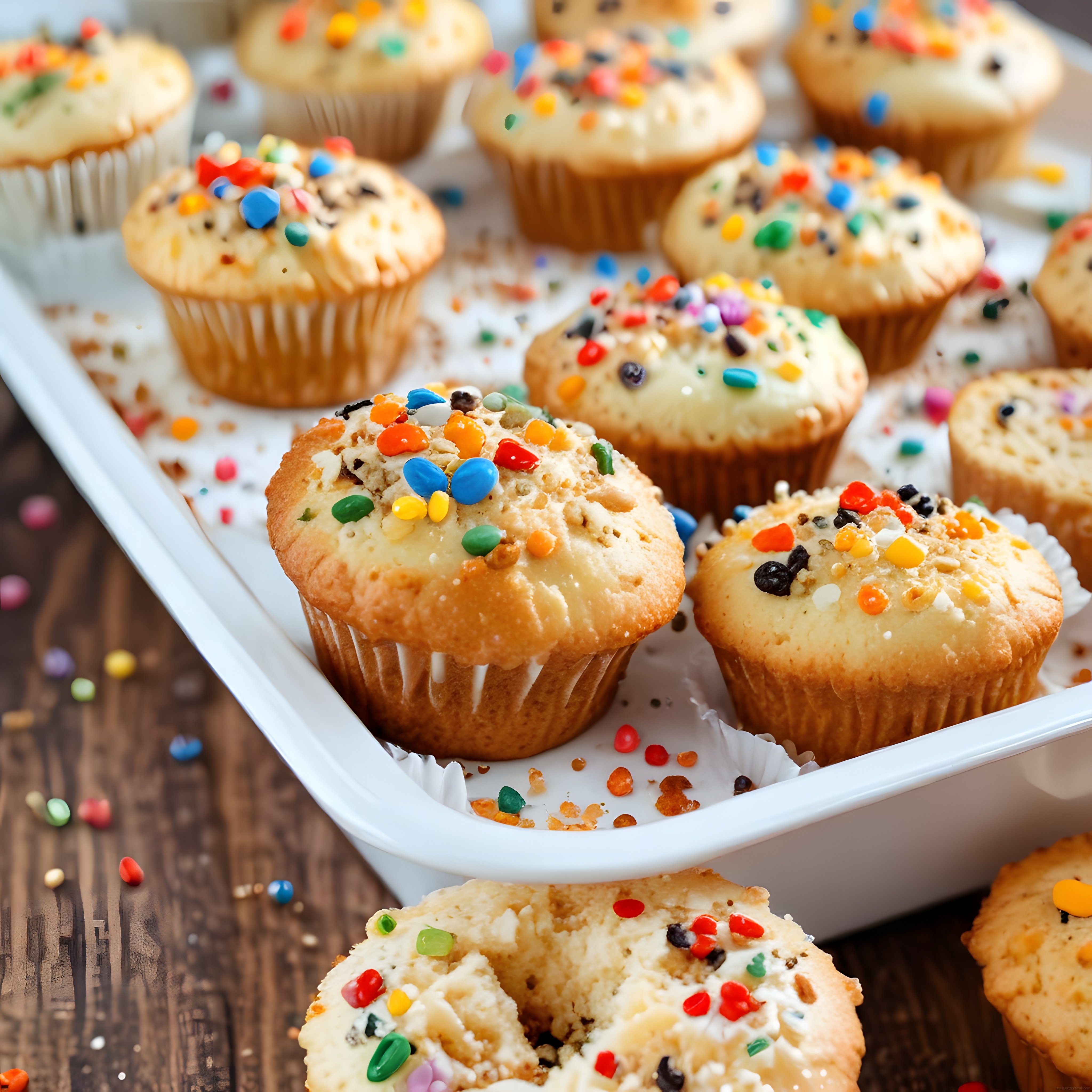 Renkli bonibon ve fındık parçacıklarıyla süslenmiş ev yapımı muffin sunumu