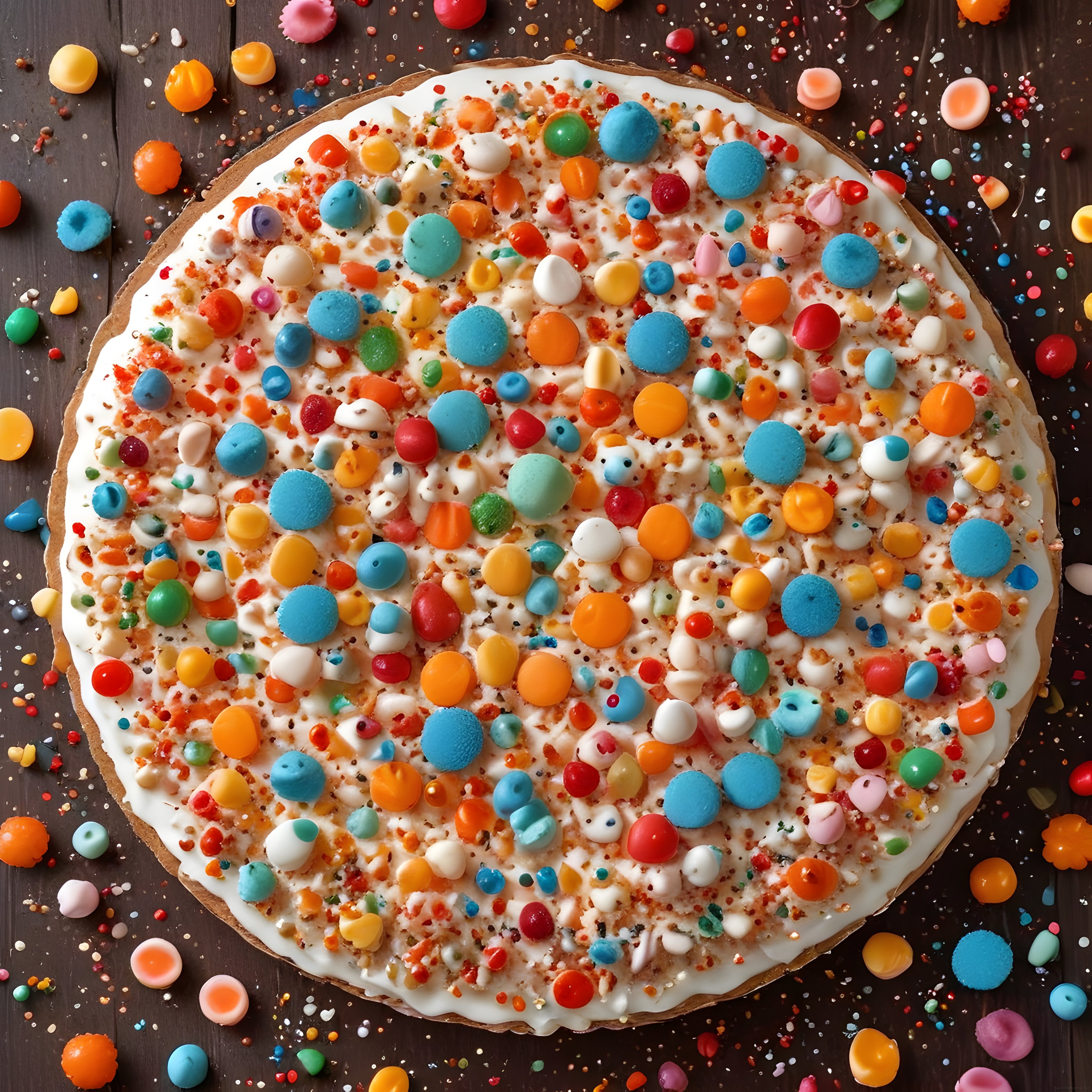 Renkli Bonibon ve Marshmallow ile Süslenmiş Çikolatalı Pizza Tatlısı