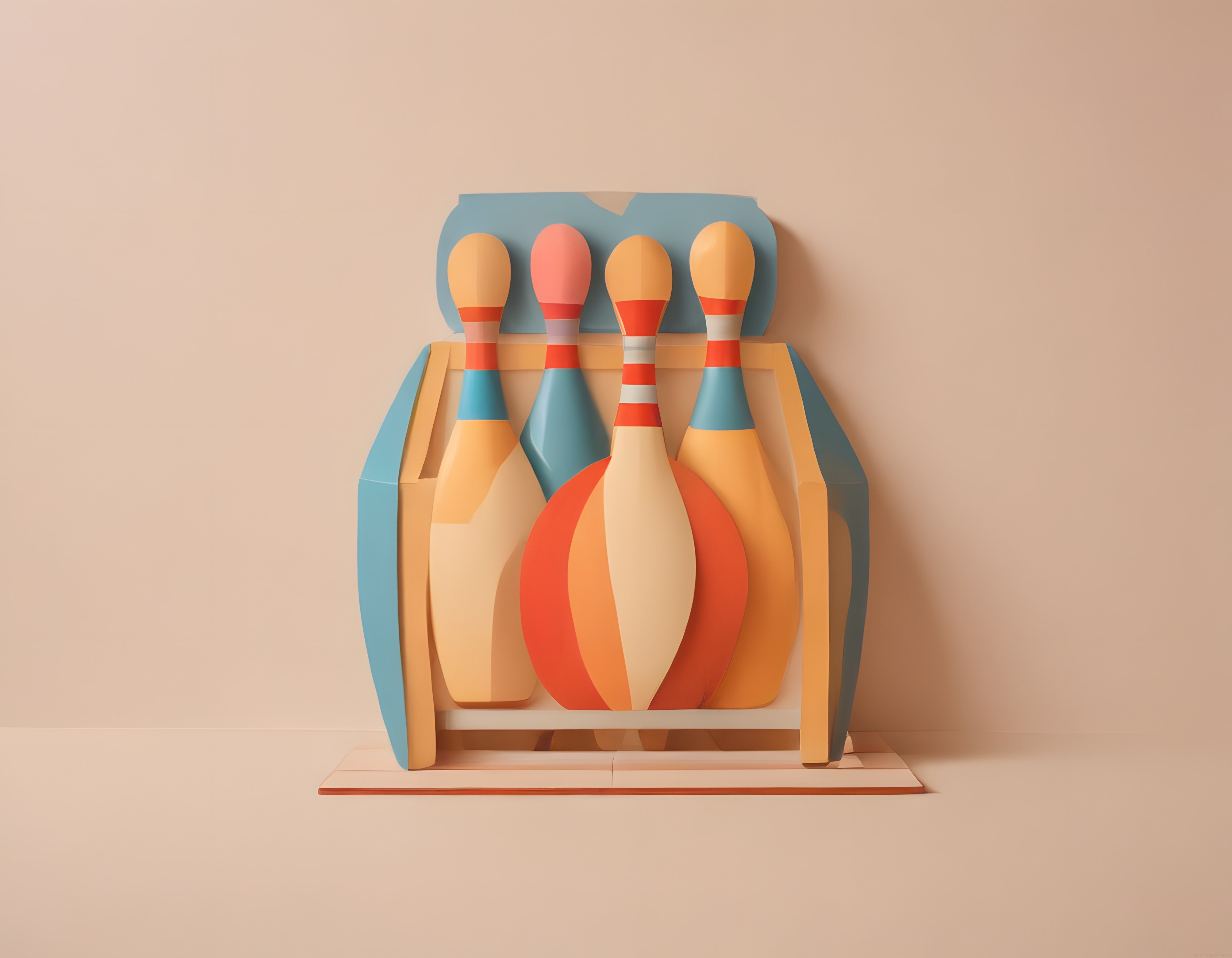 Renkli Bowling Pinleri ve Toplu Kağıt Sanatı Stilinde Minimalist Spor Tasarımı