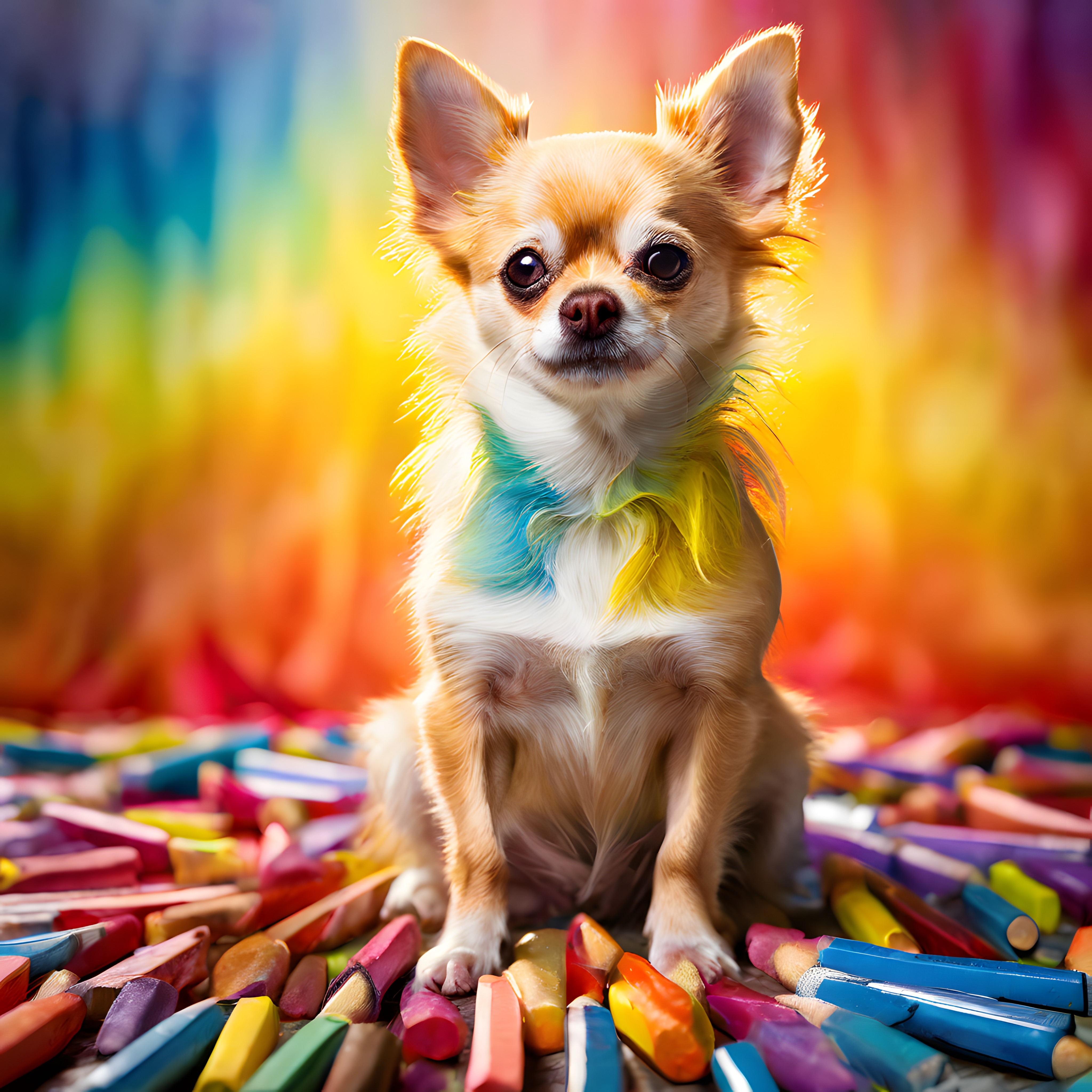 Renkli boyalar arasında oturan kısa tüylü küçük bir Chihuahua köpeği