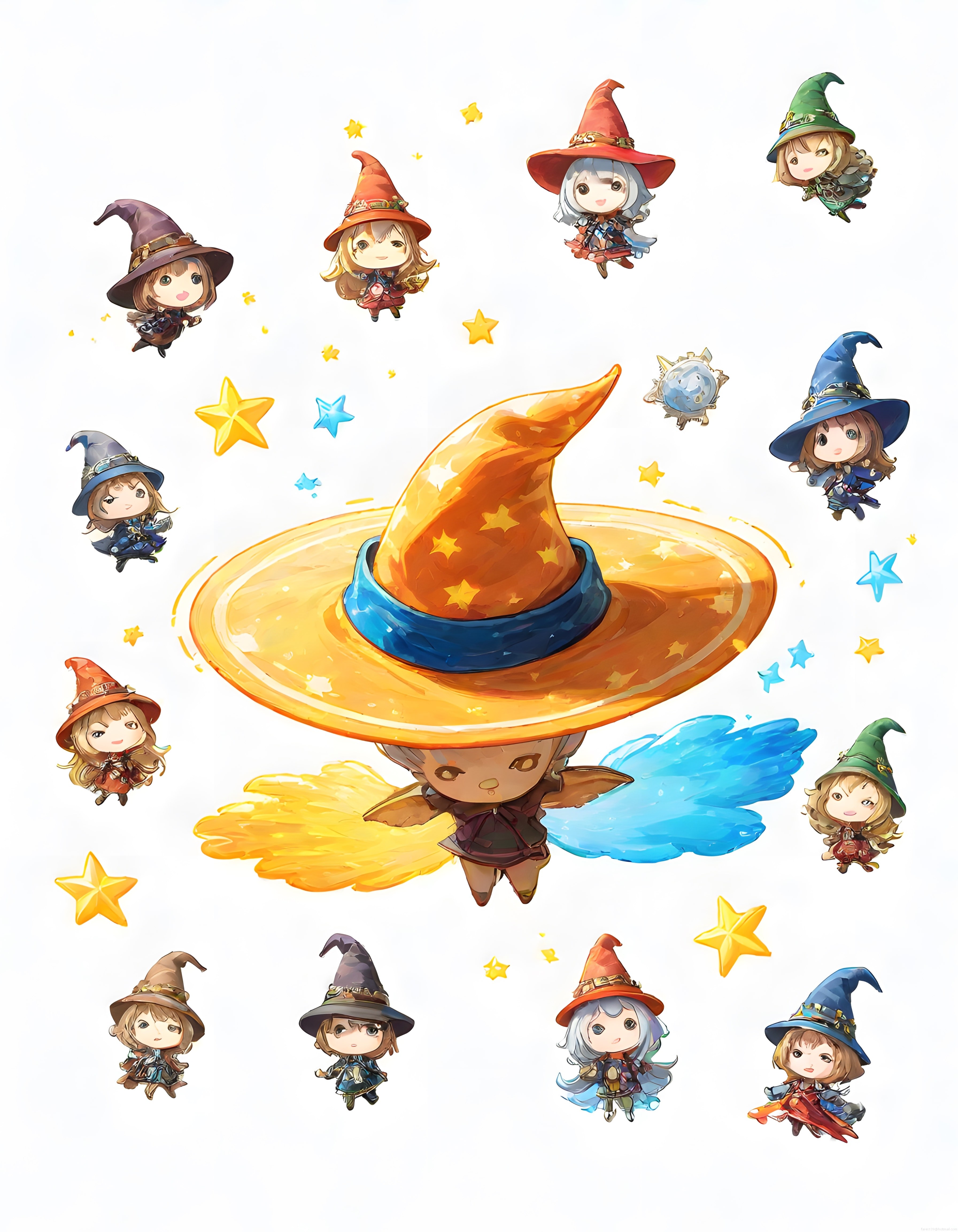 Renkli Chibi Cadı Karakterleri ve Büyülü Sarı Şapka ile Fantastik Anime Dünyası