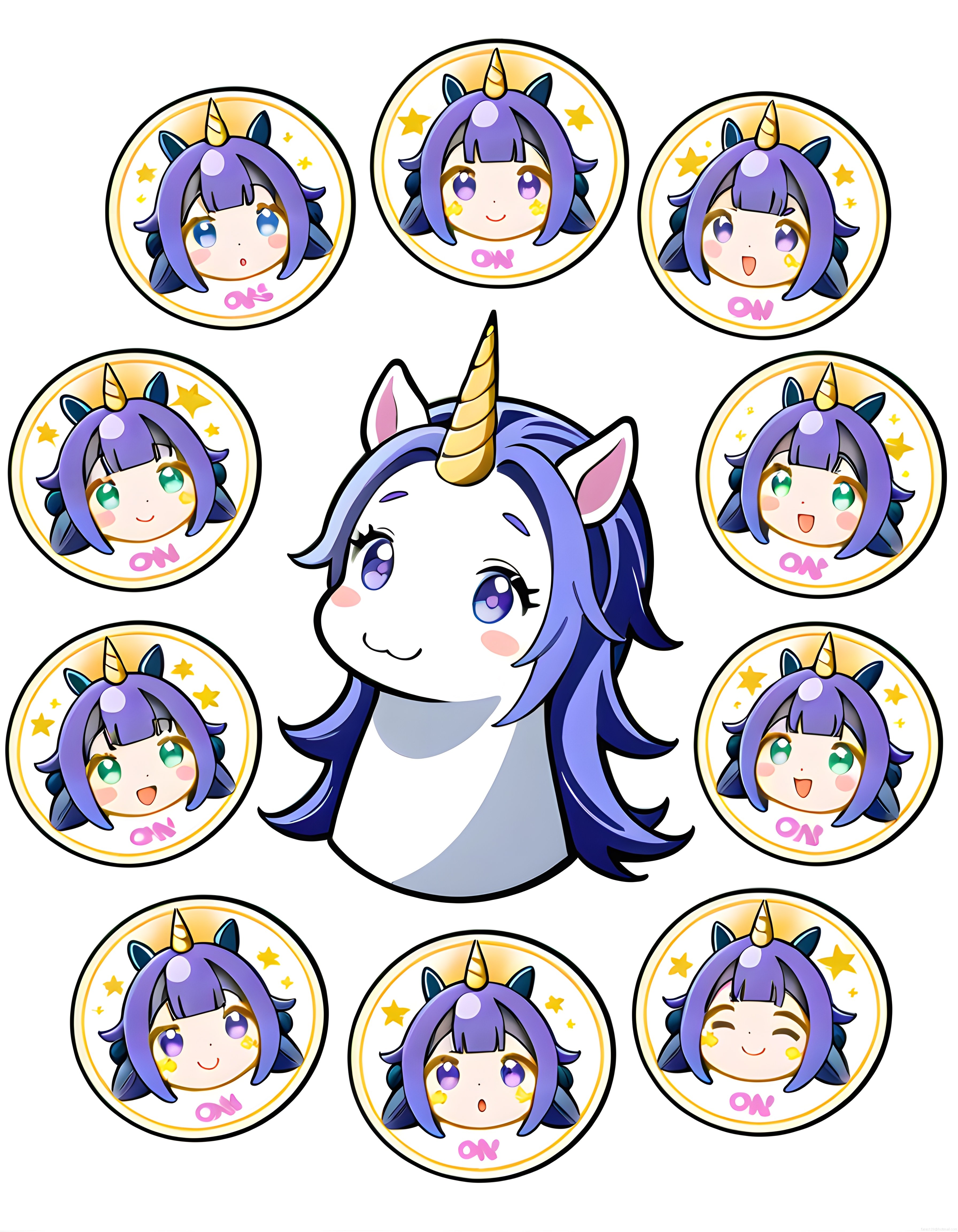 Renkli Chibi Unicorn Kız Emote Rozet Seti ve Sevimli Anime Karakter İllüstrasyonları