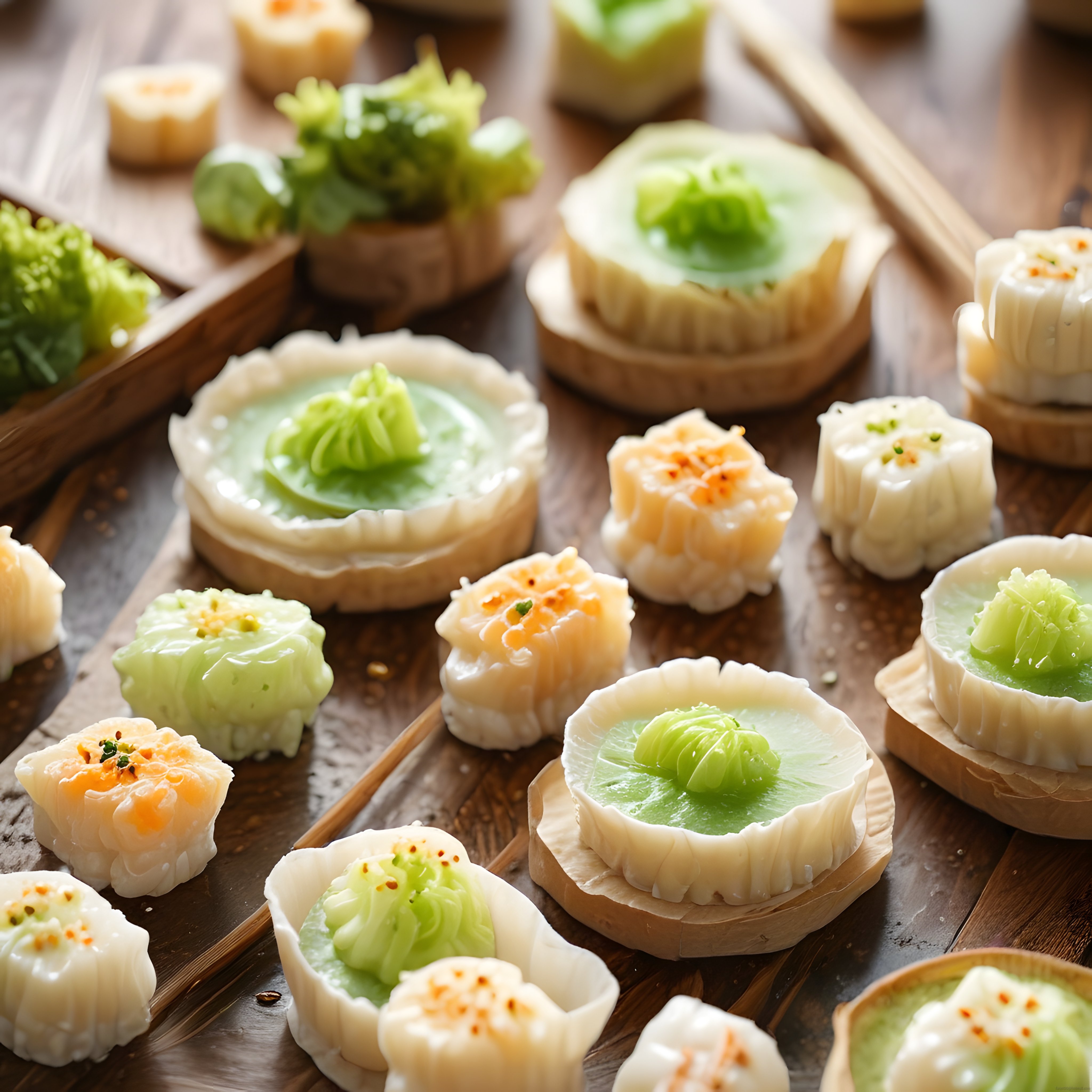 Renkli Çiçek Şeklinde Buğulanmış Dim Sum ve Asya Mutfağı Atıştırmalıkları