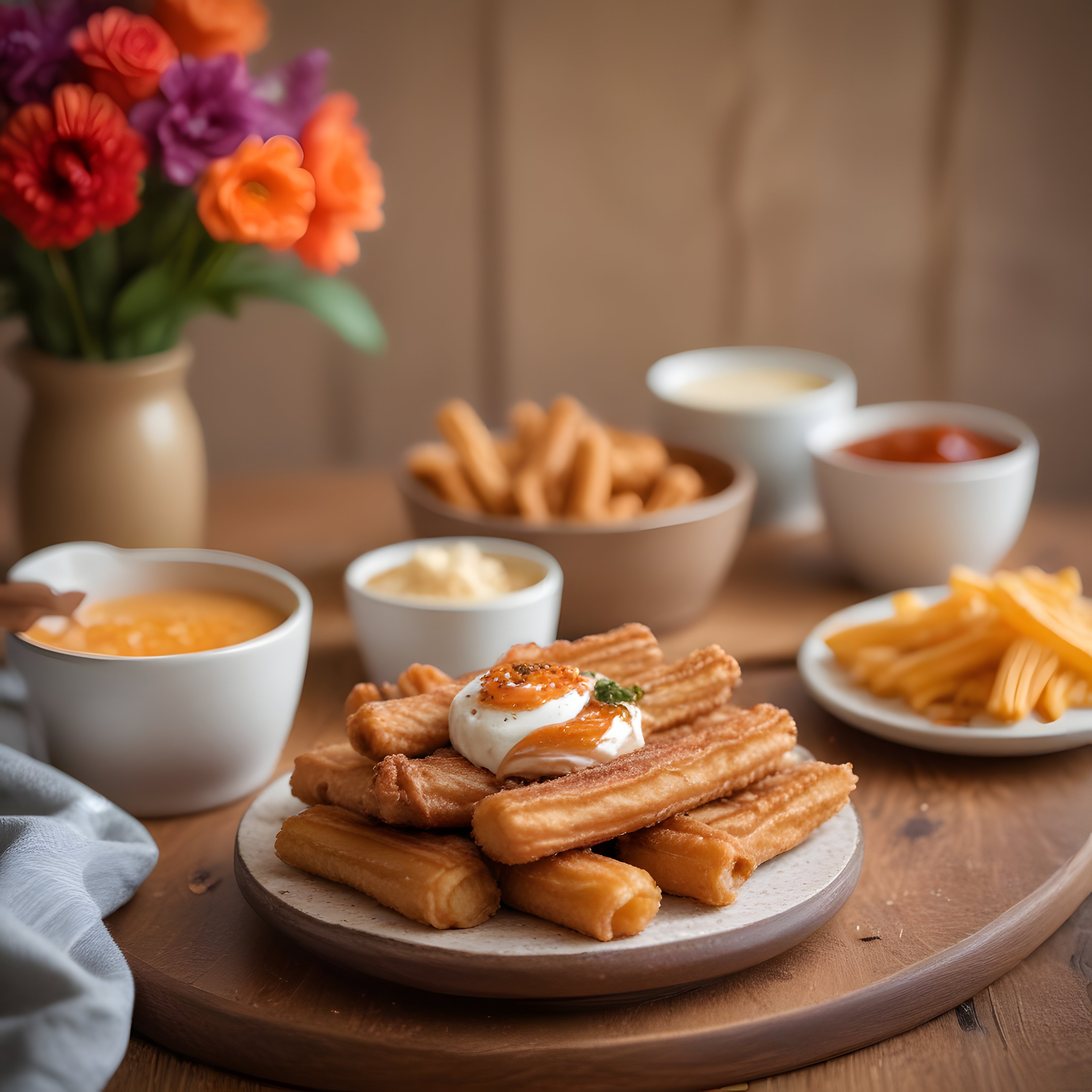 Renkli Çiçekler ve Soslar Eşliğinde Sunulan Çıtır Churros Tatlısı