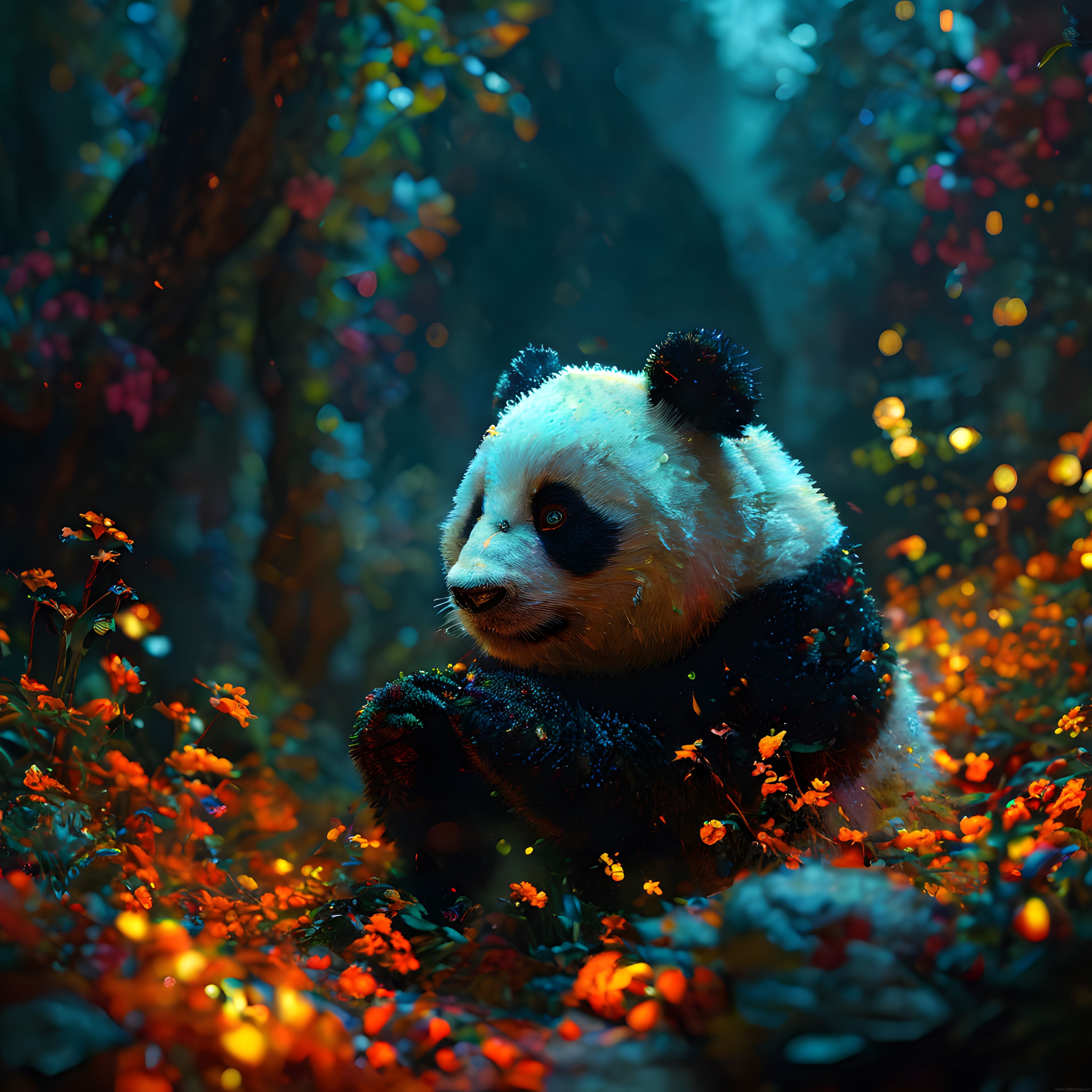 Renkli Çiçeklerle Çevrili Sevimli Panda ve Büyülü Orman Atmosferi