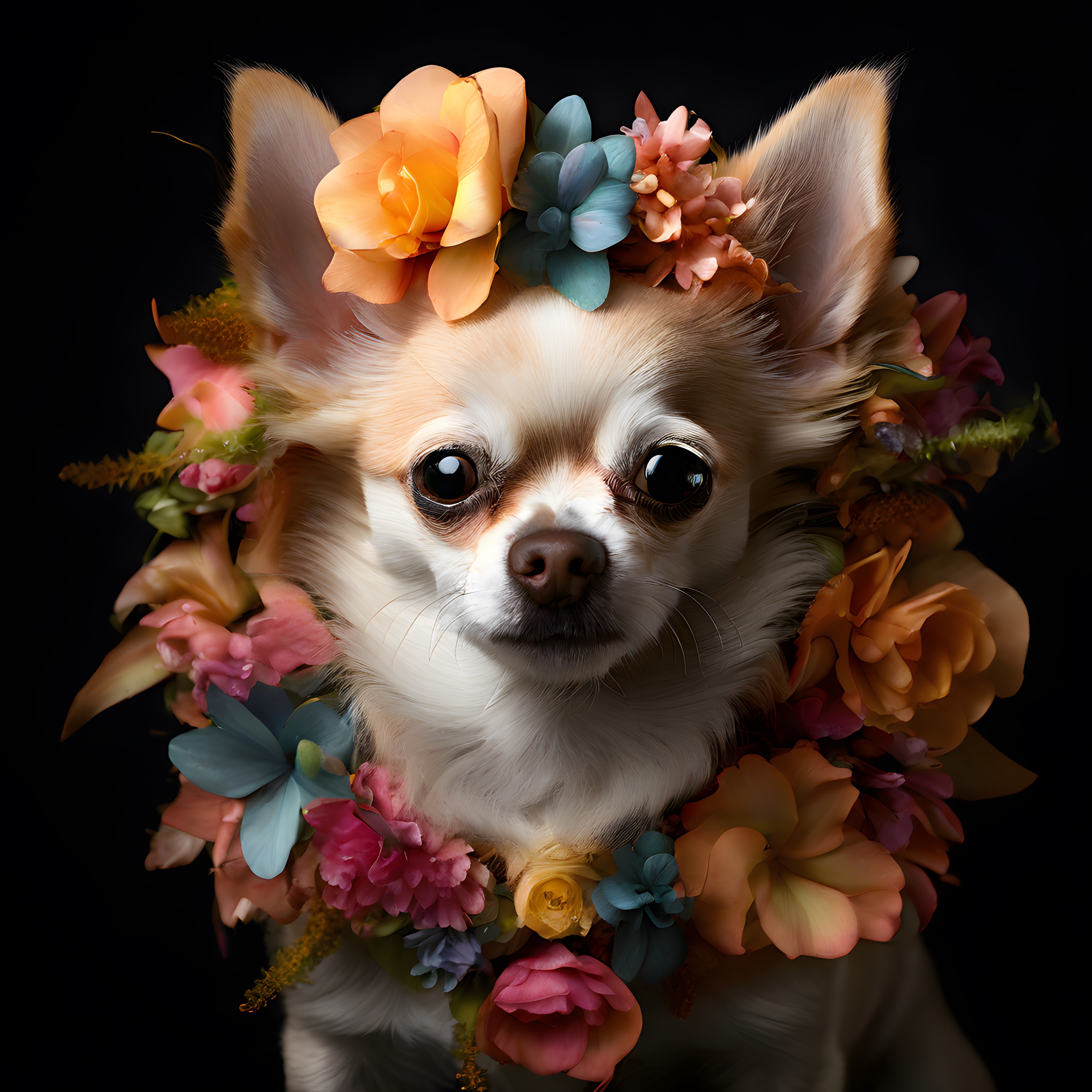 Renkli çiçeklerle süslenmiş sevimli Chihuahua köpeği dijital portre çalışması