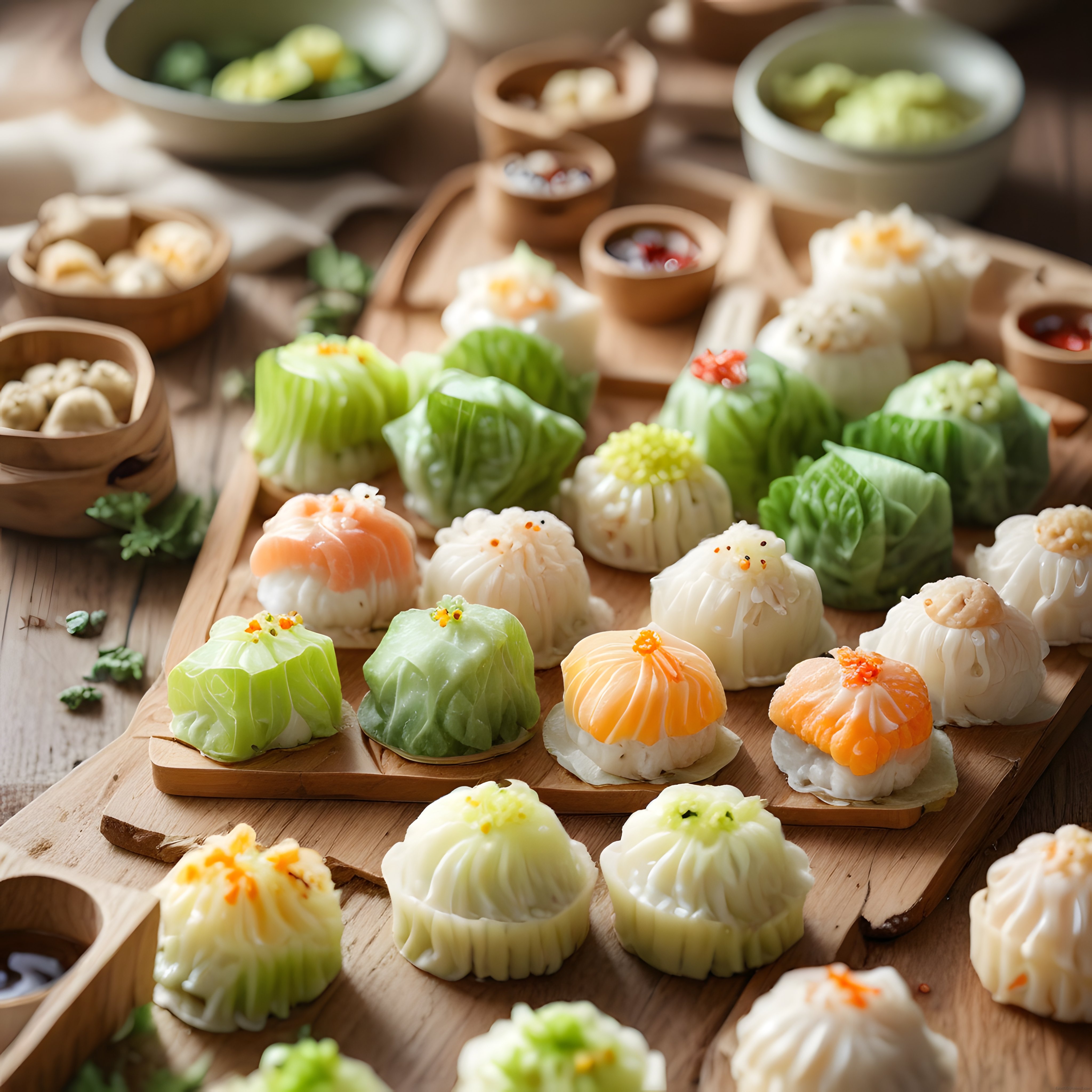 Renkli Çin Mantıları, Dim Sum ve Soslarla Hazırlanmış Şık Asya Sunumu