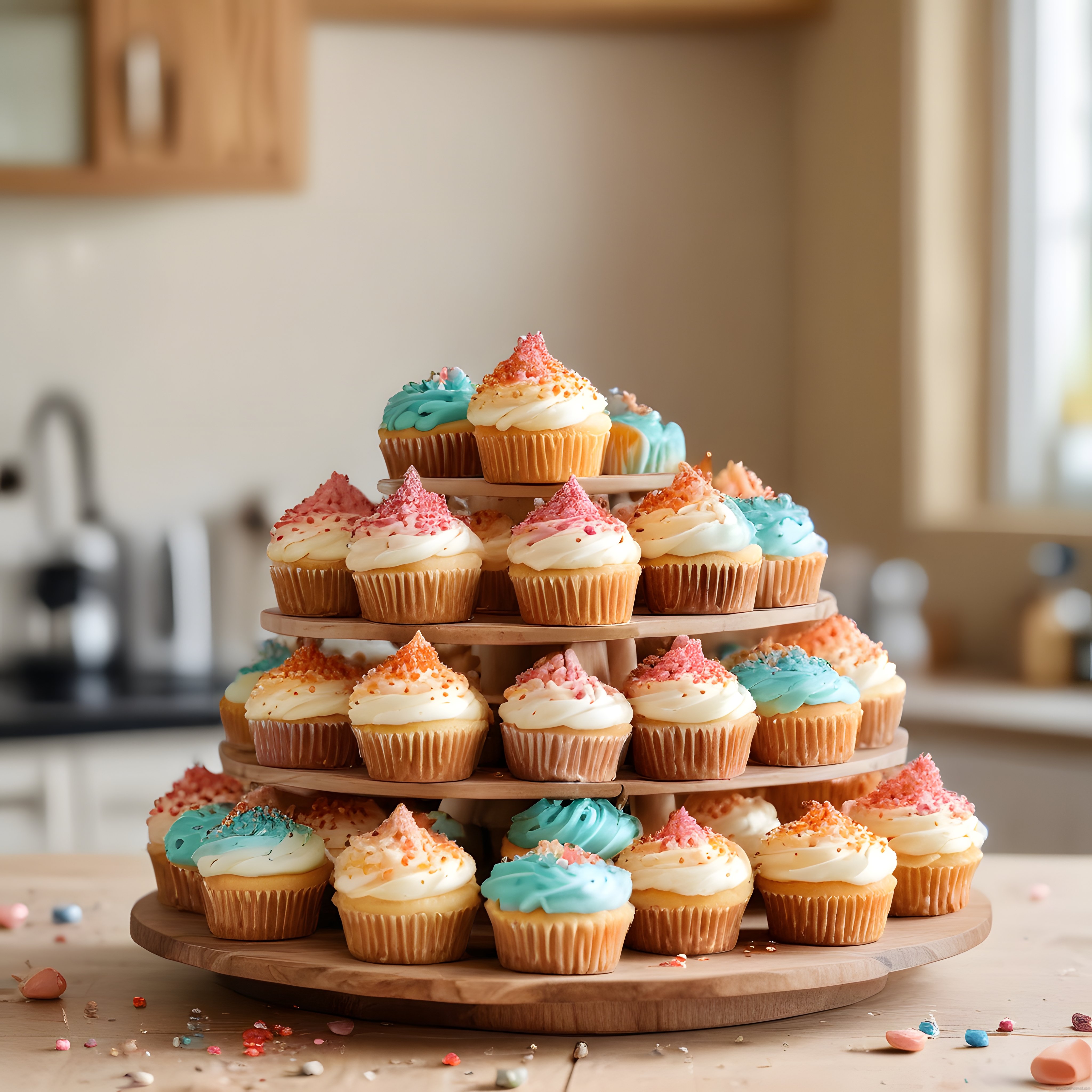 Renkli Cupcake'lerin Ahşap Stand Sunumu: Parti ve Doğum Günü Tatlı Masası