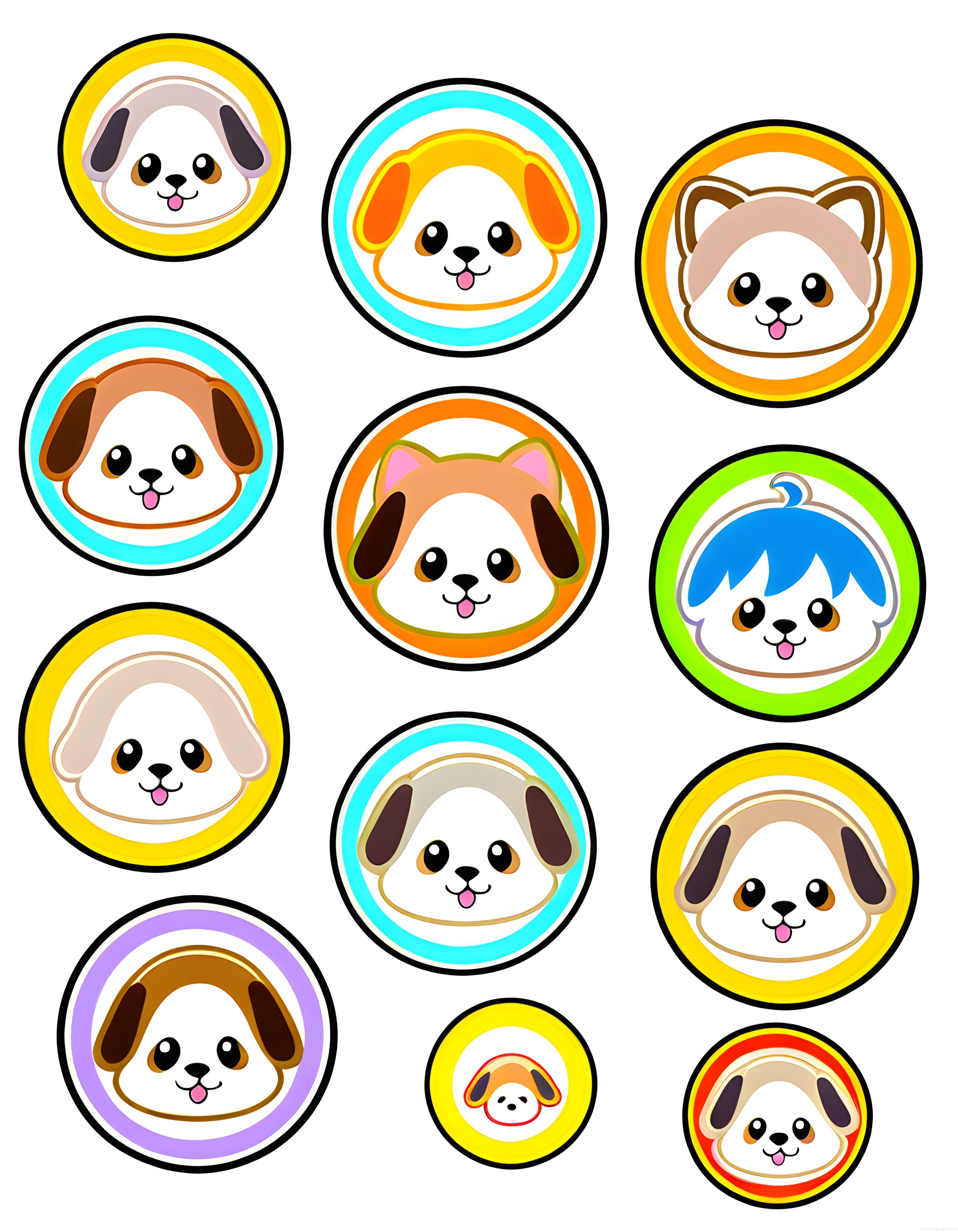 Renkli Daireler İçinde Sevimli Kawaii Köpek Yüzleri Çizgi Film Sticker Seti