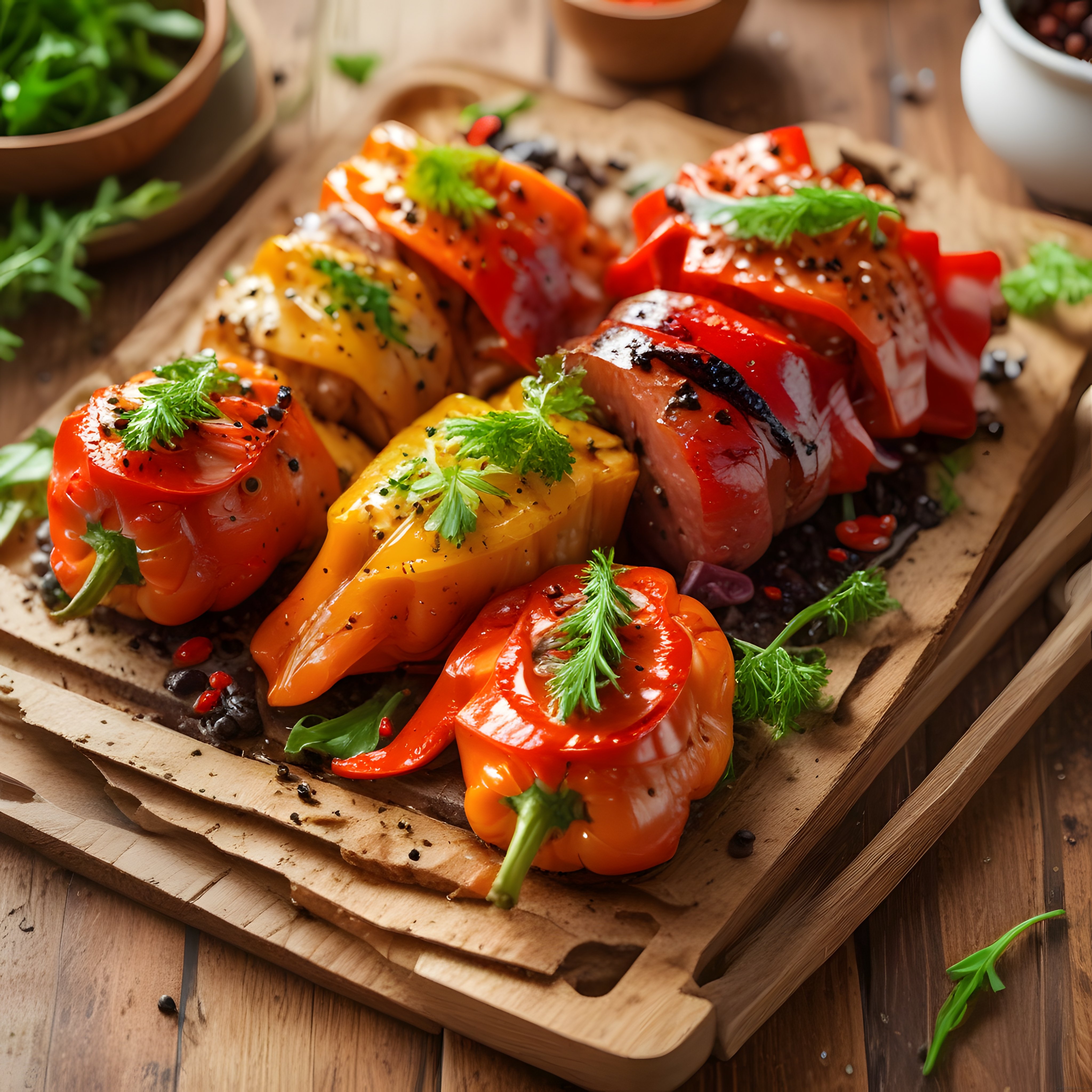 Renkli Dolma Biberlerle Ahşap Sunum Tahtasında Nefis ve Sağlıklı Akşam Yemeği