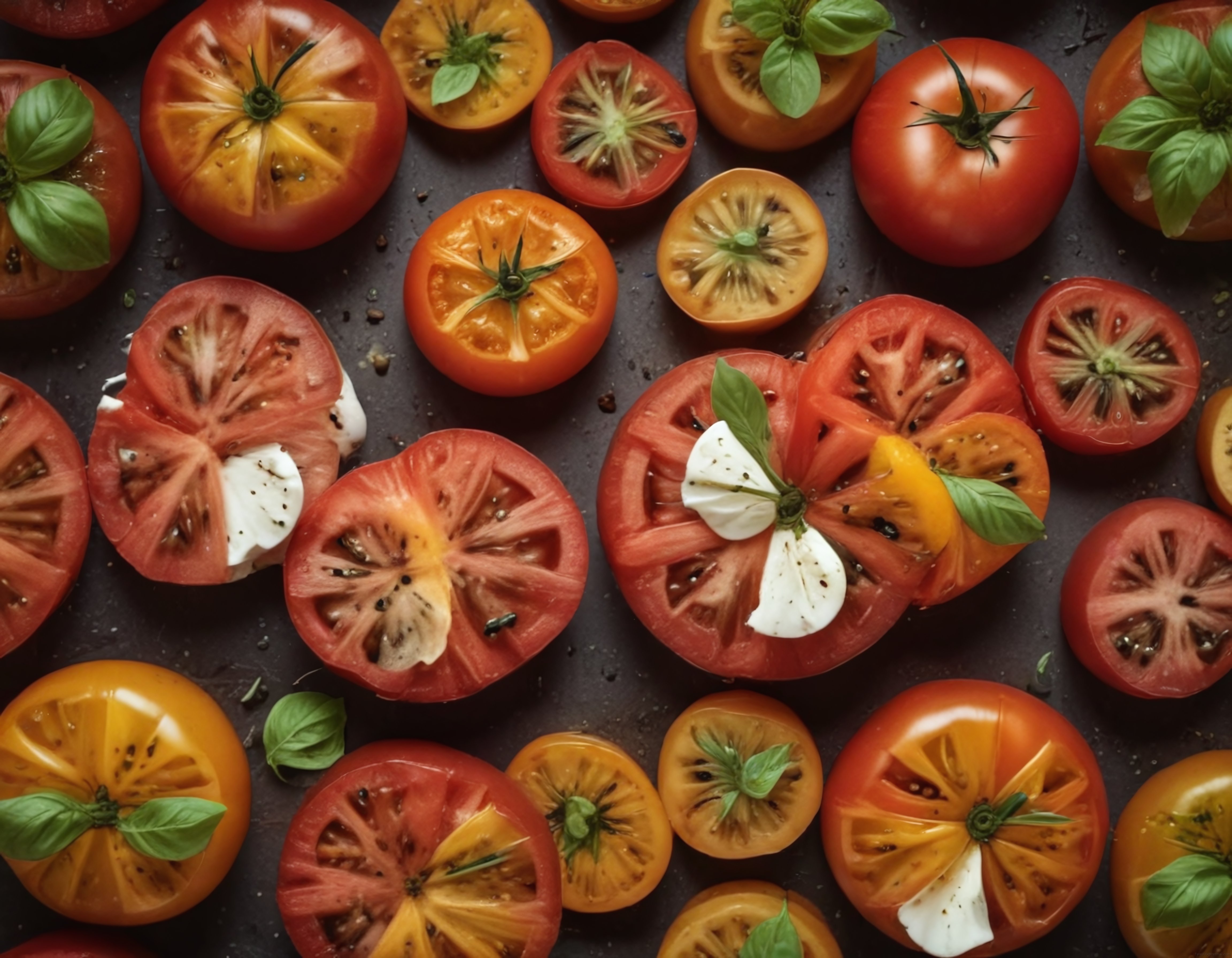 Renkli Domates Dilimleri, Mozzarella ve Fesleğen ile Caprese Sunumu