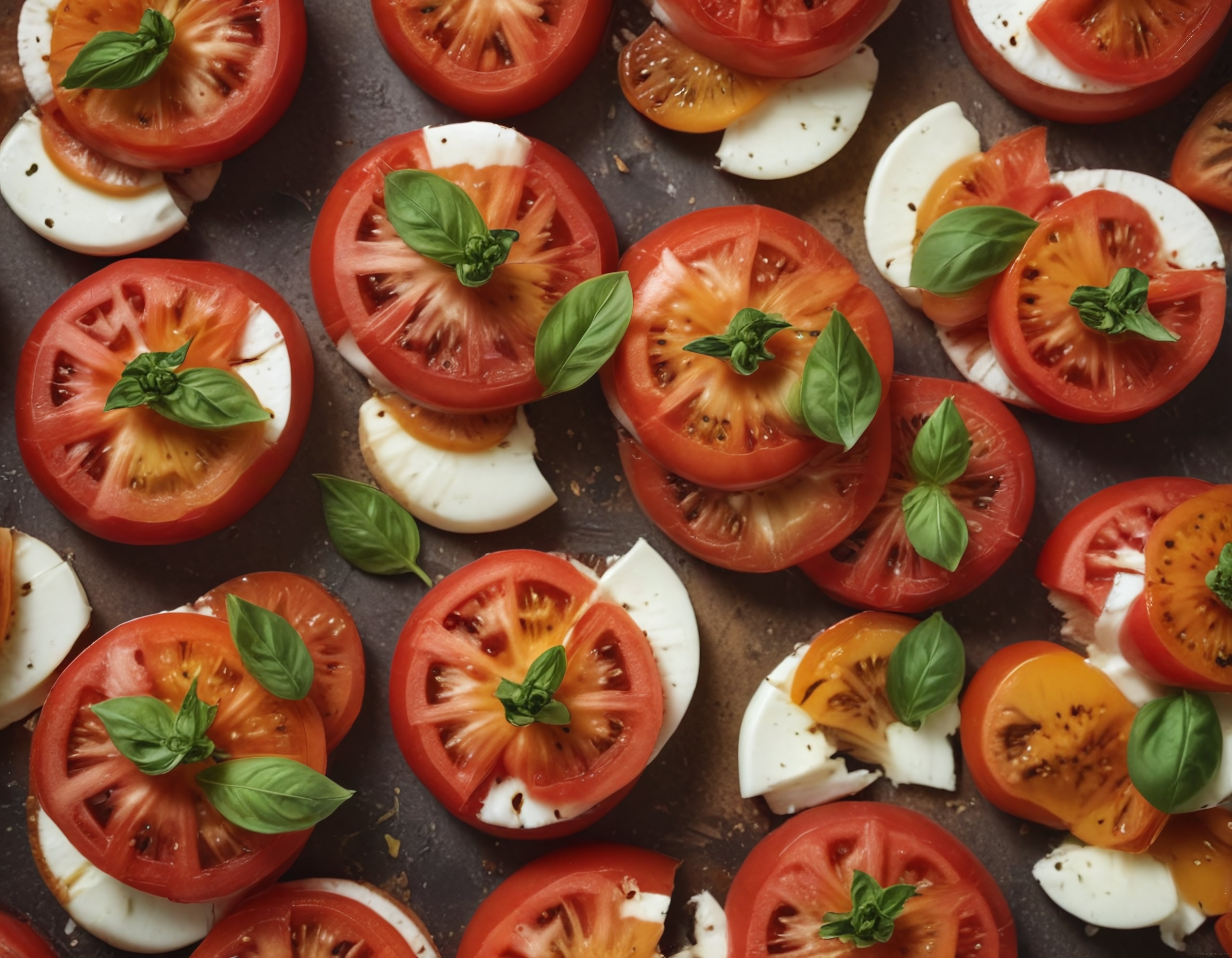 Renkli Domates Dilimleriyle Fesleğen ve Mozzarella Caprese Salatası