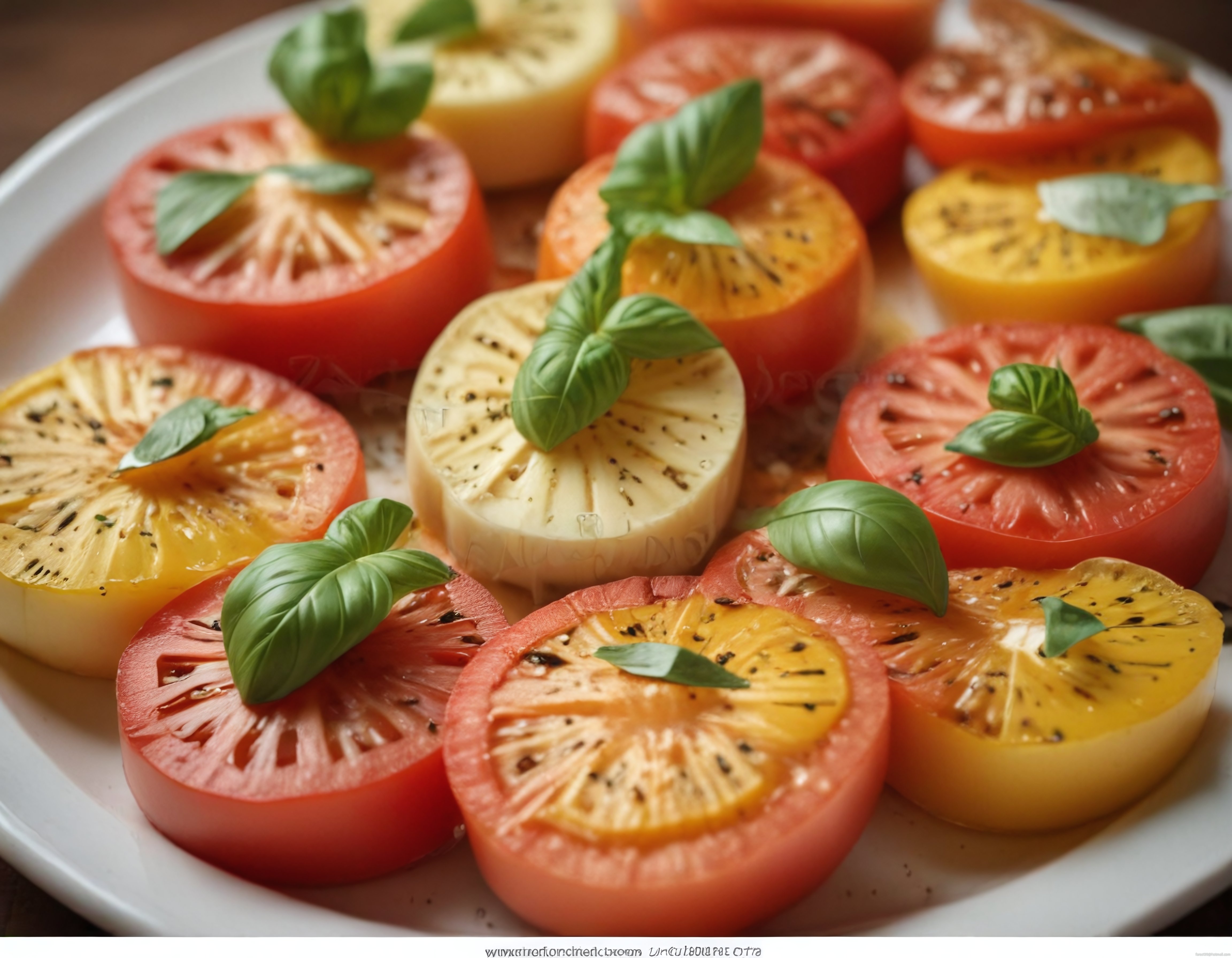 Renkli Domates Dilimleriyle Mozzarella ve Fesleğen Caprese Salatası