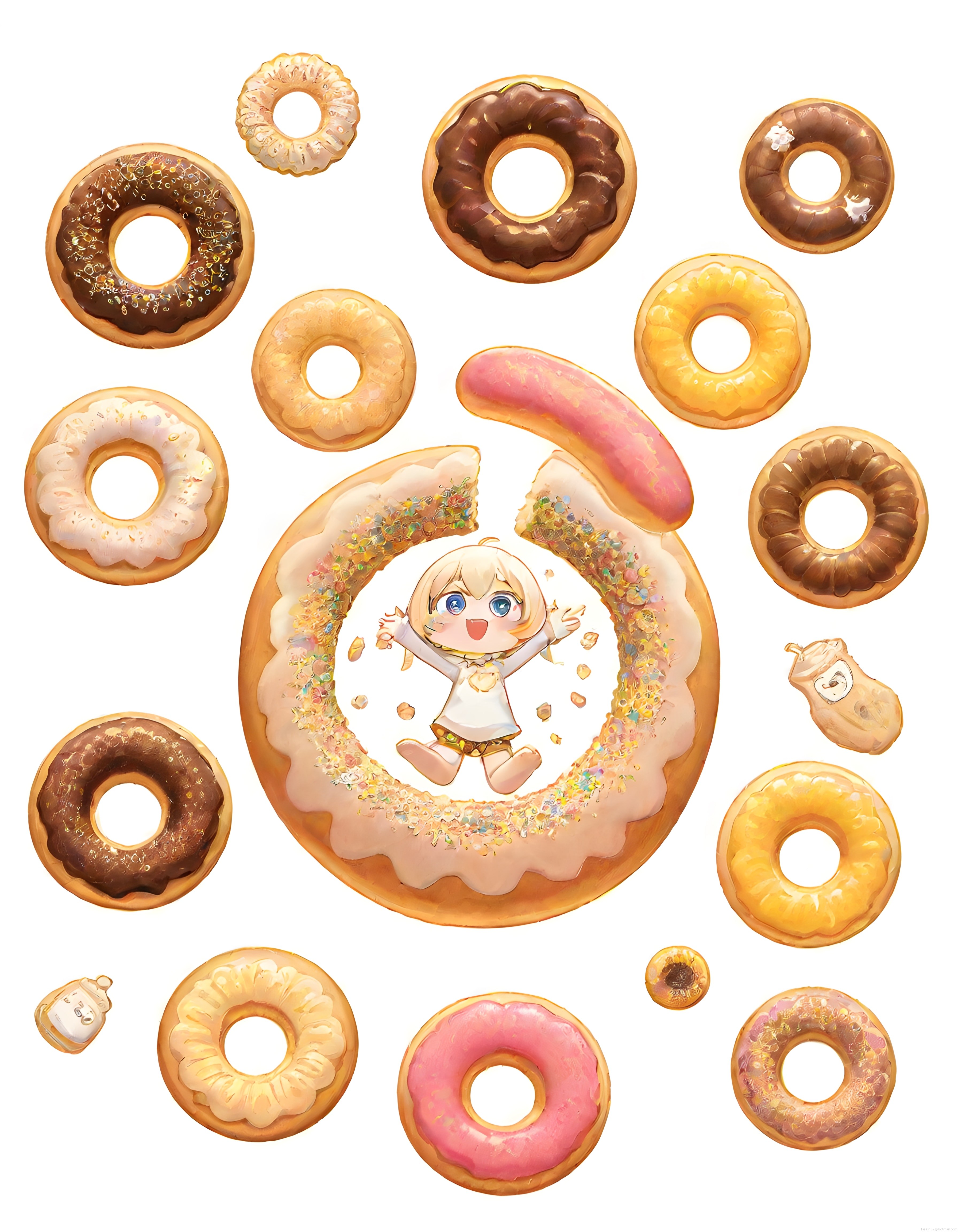 Renkli Donutlar Arasında Sevimli Chibi Kız ve Tatlı Dijital Sanat