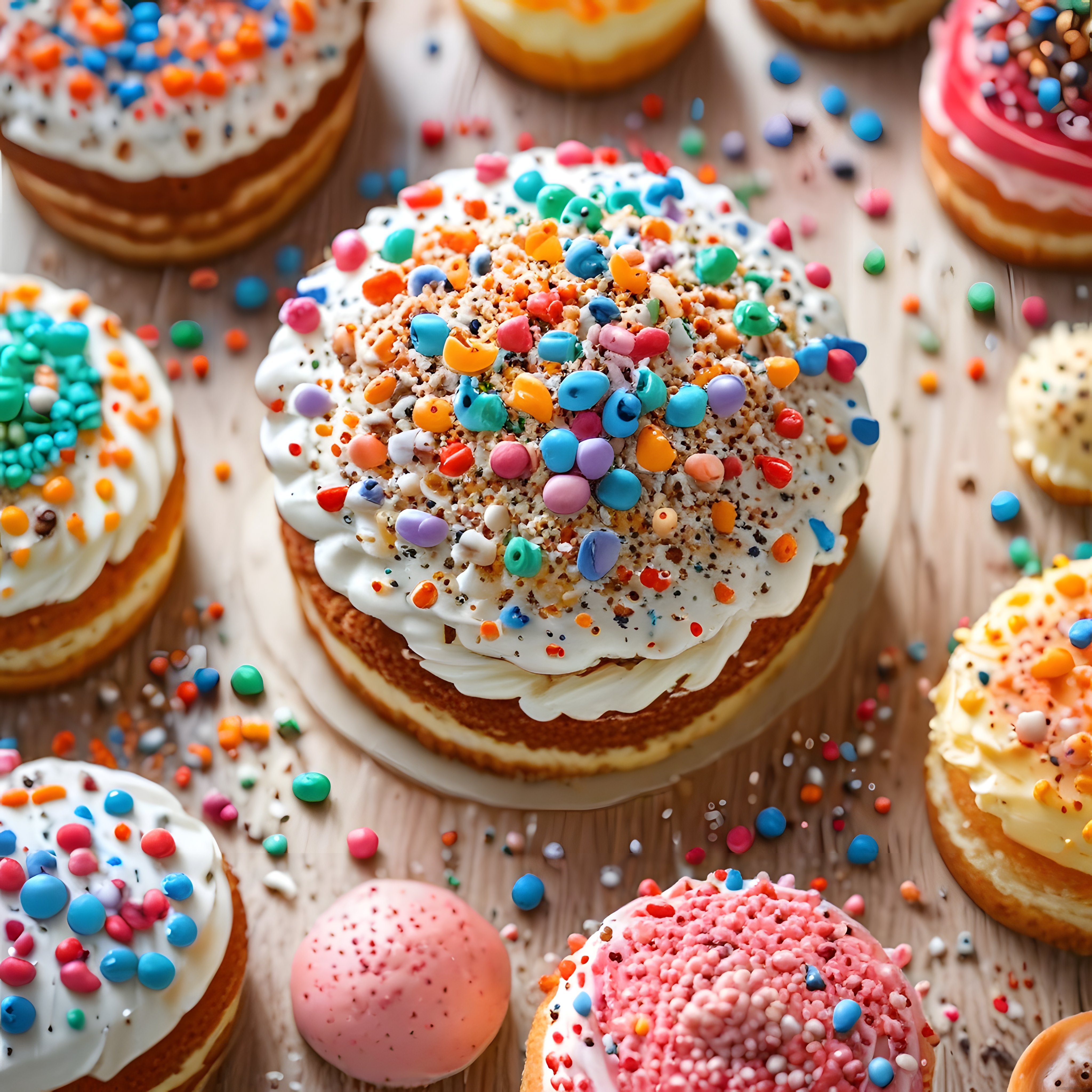 Renkli Donutlar ve Tatlılar: Süslü Krema, Makaron ve Çikolata Süslemeleri