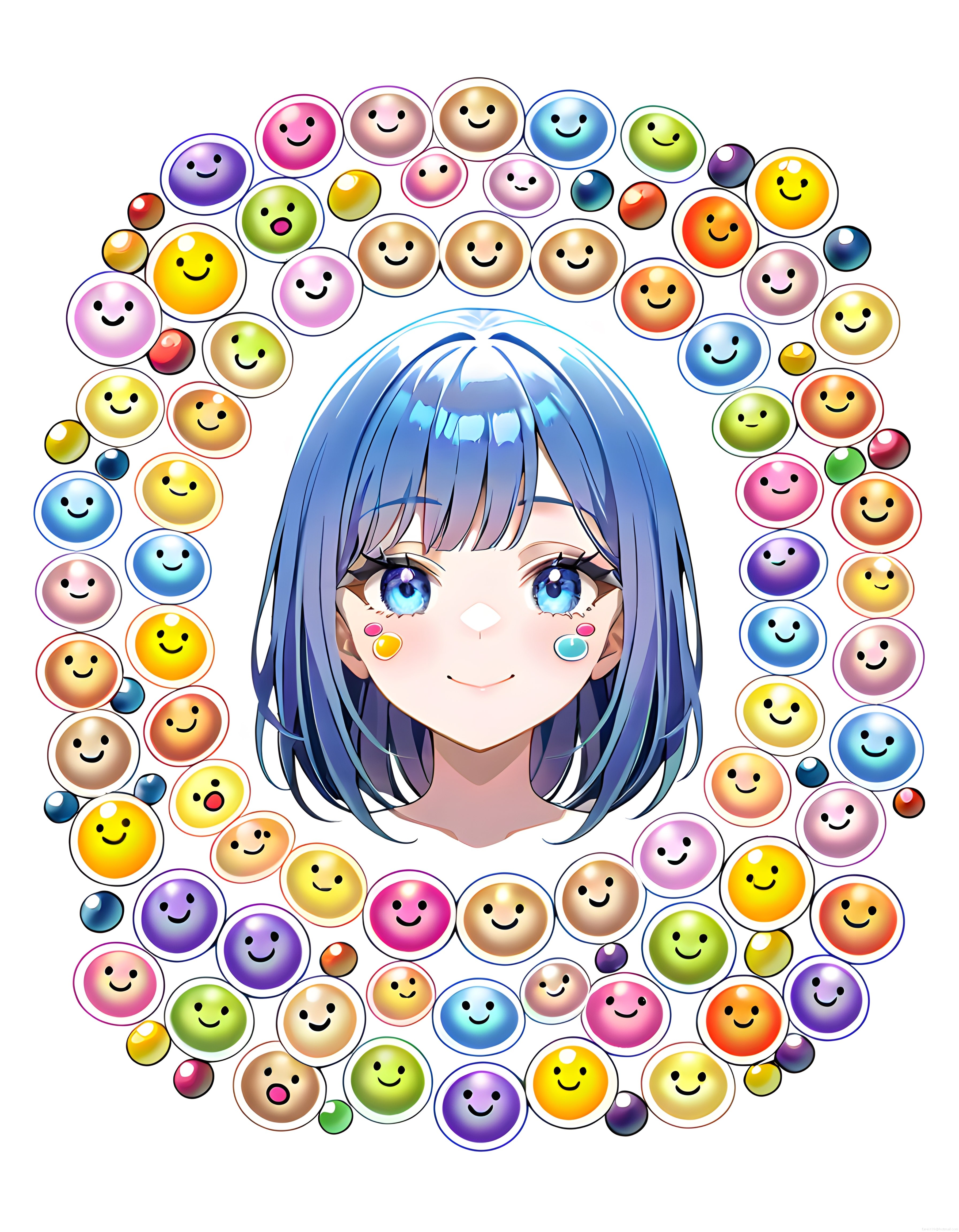 Renkli Emoji Gülümsemeleriyle Çevrili Mavi Saçlı Anime Kızın Neşeli Portresi