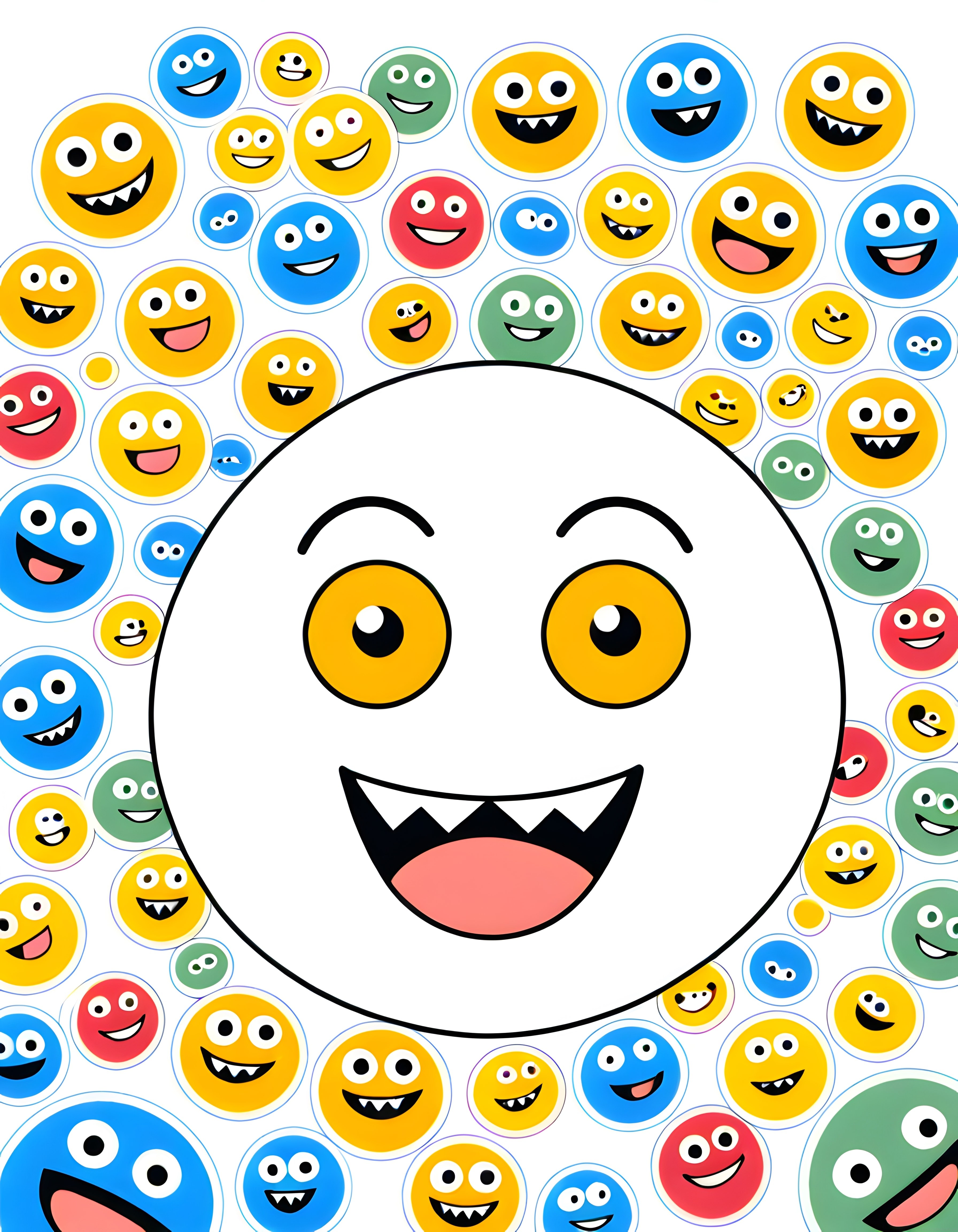 Renkli emojiler arasında büyük sevimli canavar yüzü içeren çizgi film deseni