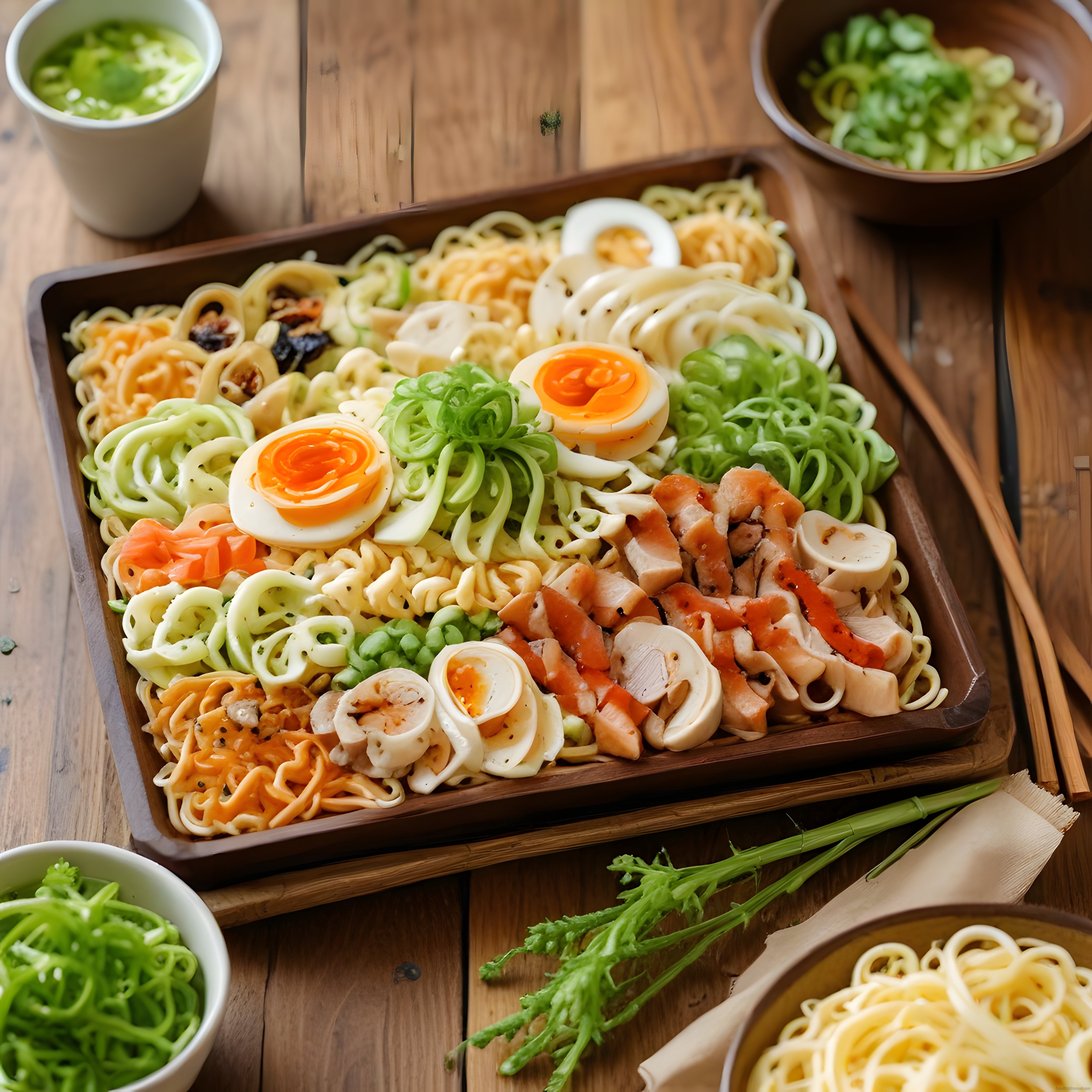 Renkli Erişte Tabağı: Tavuklu ve Yumuşak Haşlanmış Yumurtalı Noodle