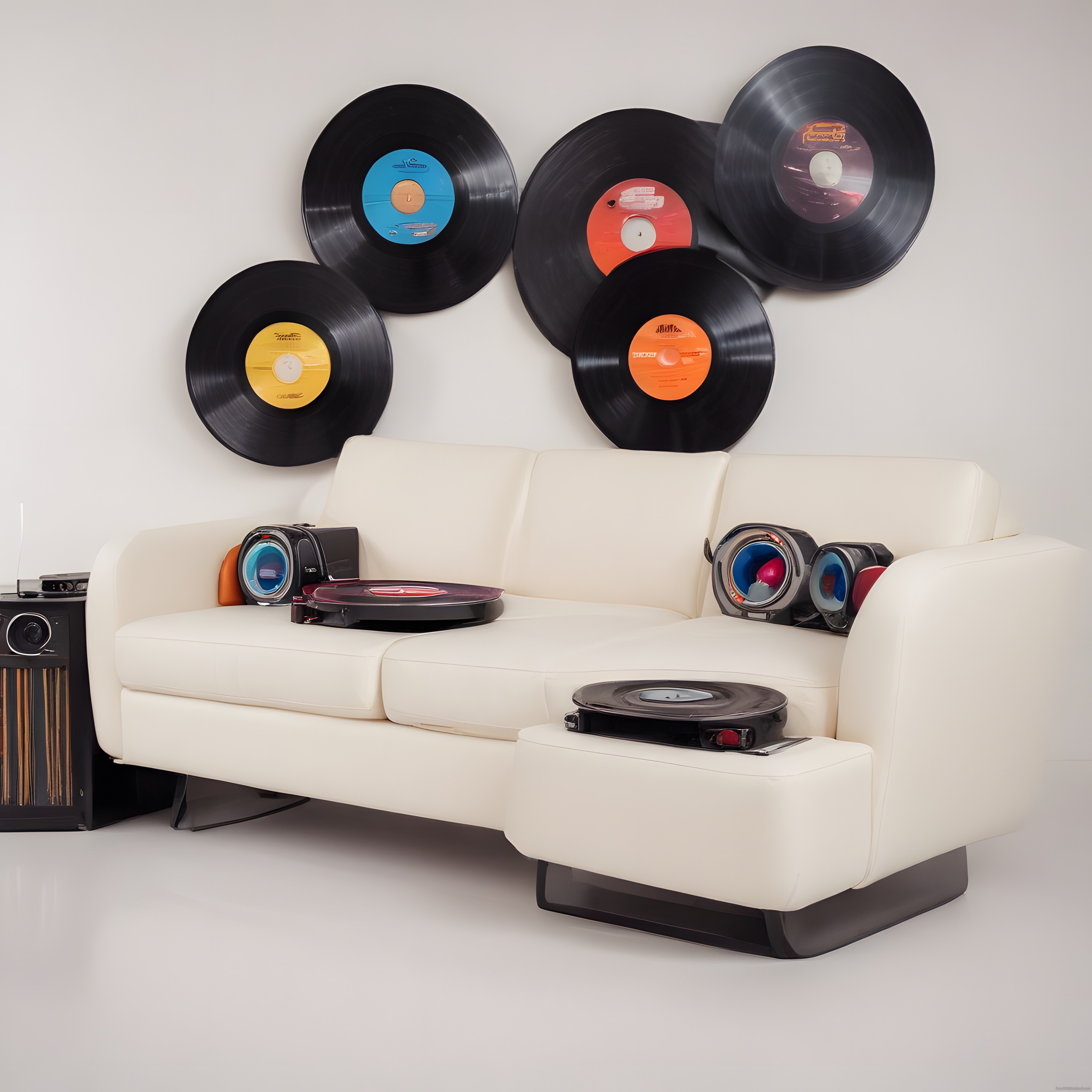 Renkli etiketli vinil plaklar ve retro hoparlörlerle müzik dinleme köşesi