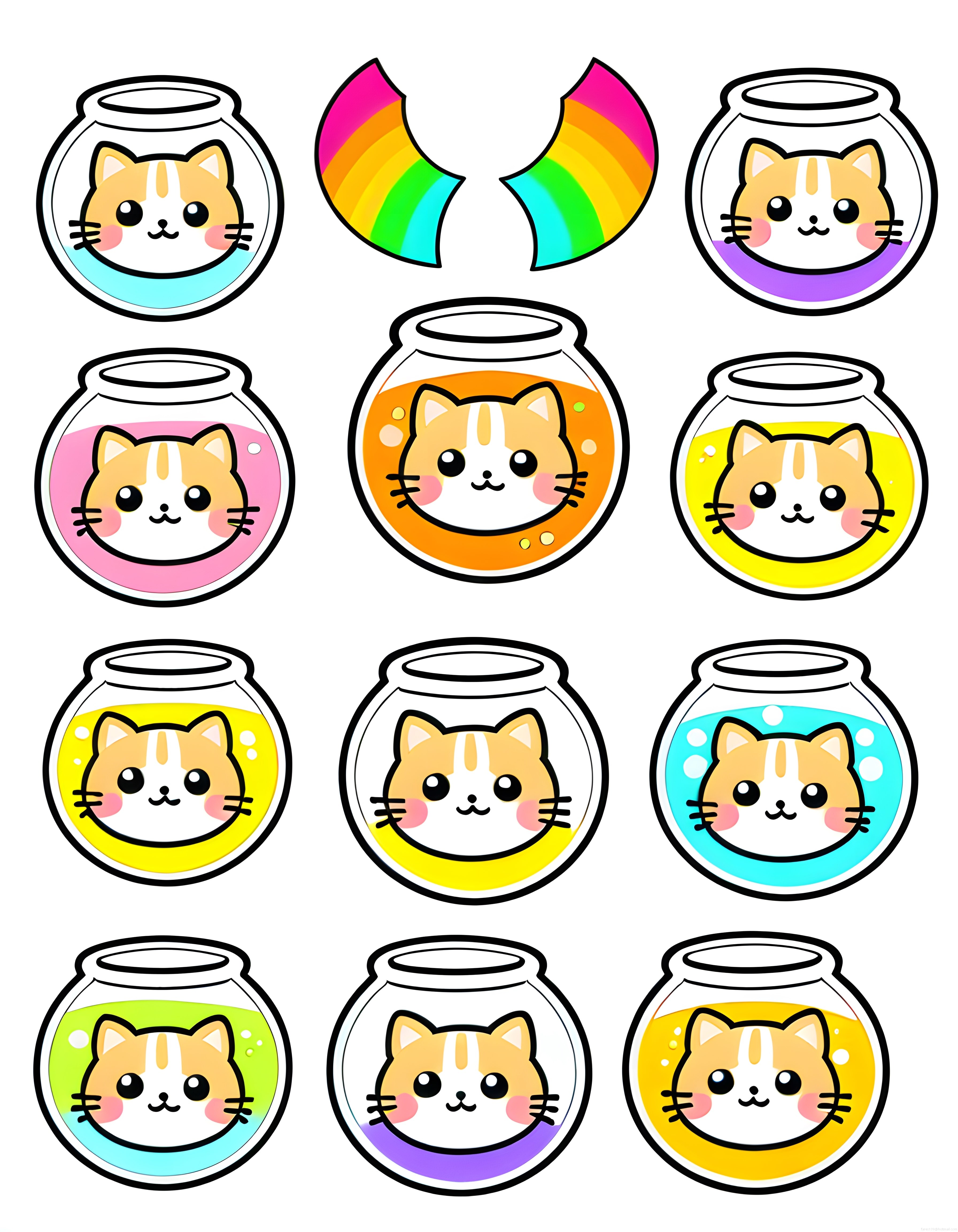 Renkli Fanuslarda Sevimli Kediler ve Gökkuşağı Kawaii Çizim Seti
