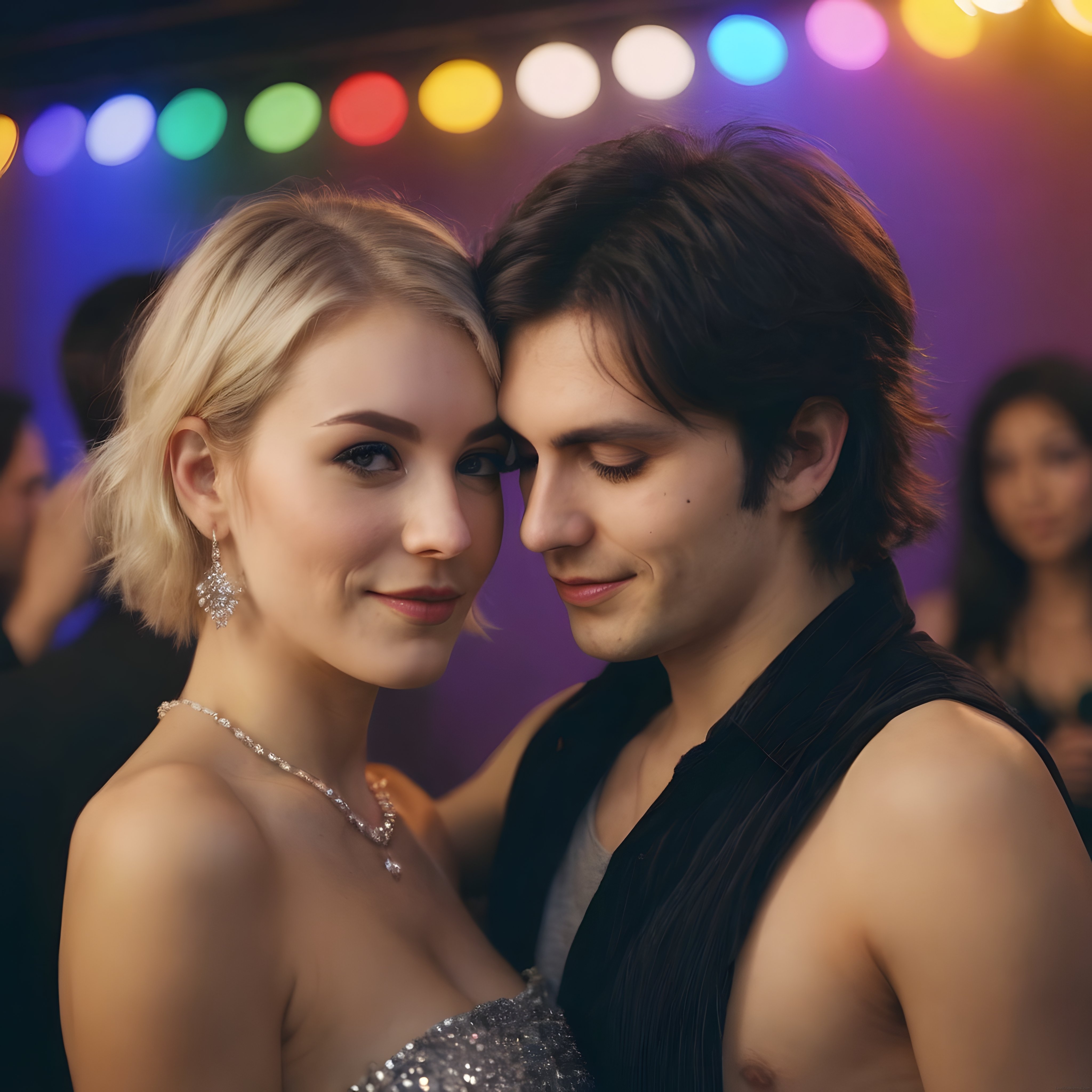 Renkli gece kulübü ışıkları altında romantik anlar yaşayan genç çift