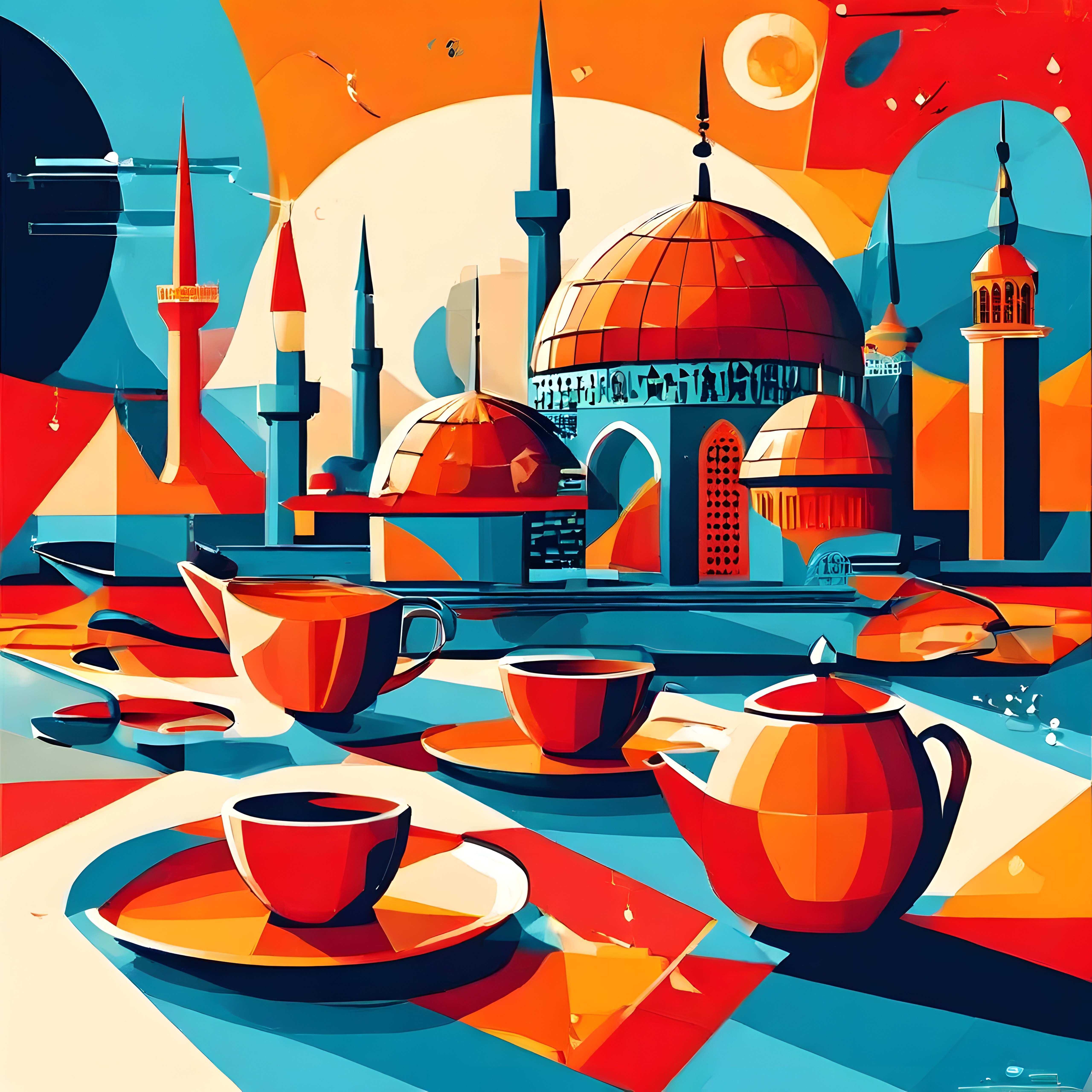 Renkli Geometrik Dijital Sanatta Osmanlı Kubbeleri ve Türk Çay Sofrası