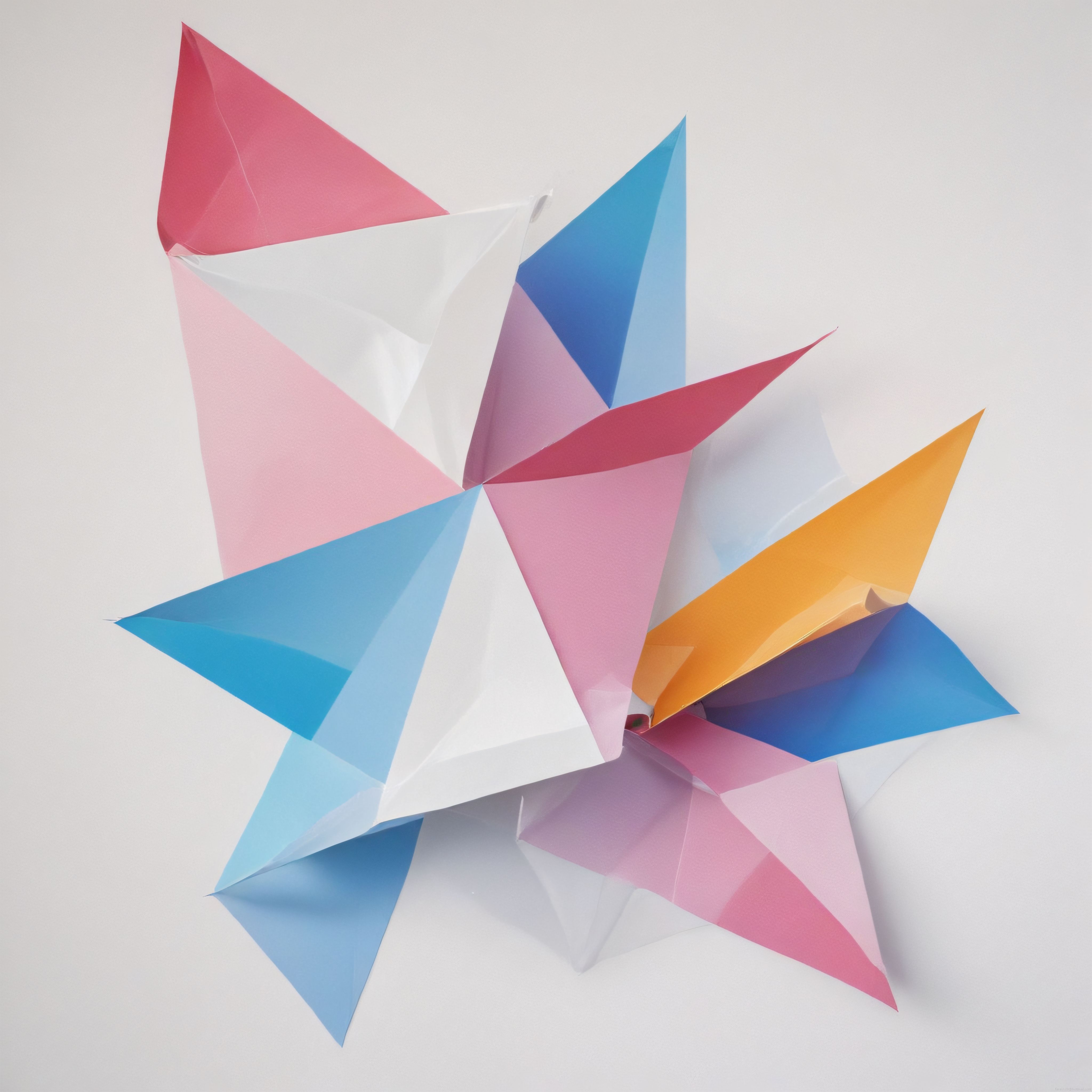 Renkli Geometrik Origami Heykeli: Pembe Mavi ve Turuncu Kağıt Katlama Sanatı