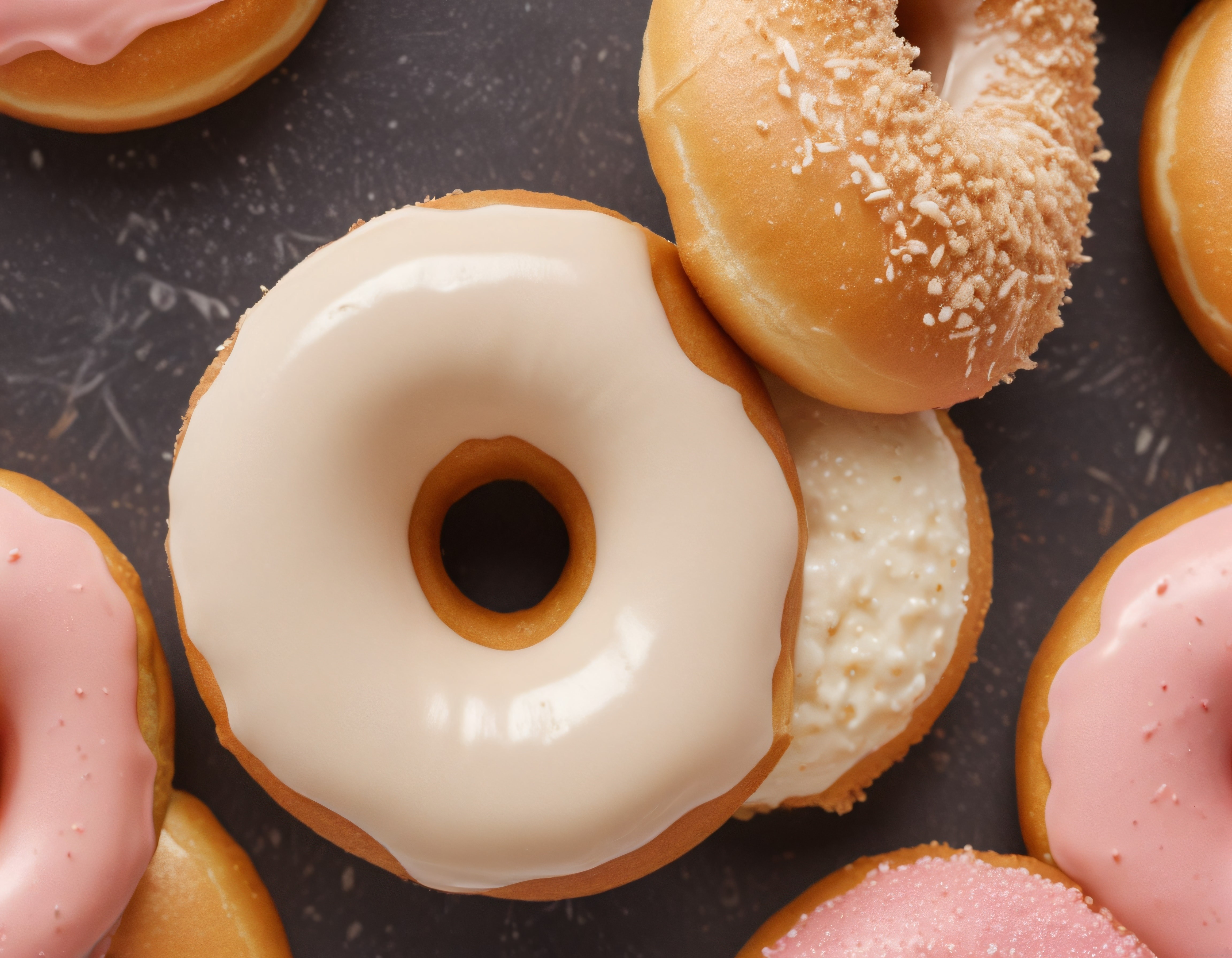 Renkli glazürlü donutlar, beyaz ve pembe çöreklerle tatlı bir arka plan kompozisyonu