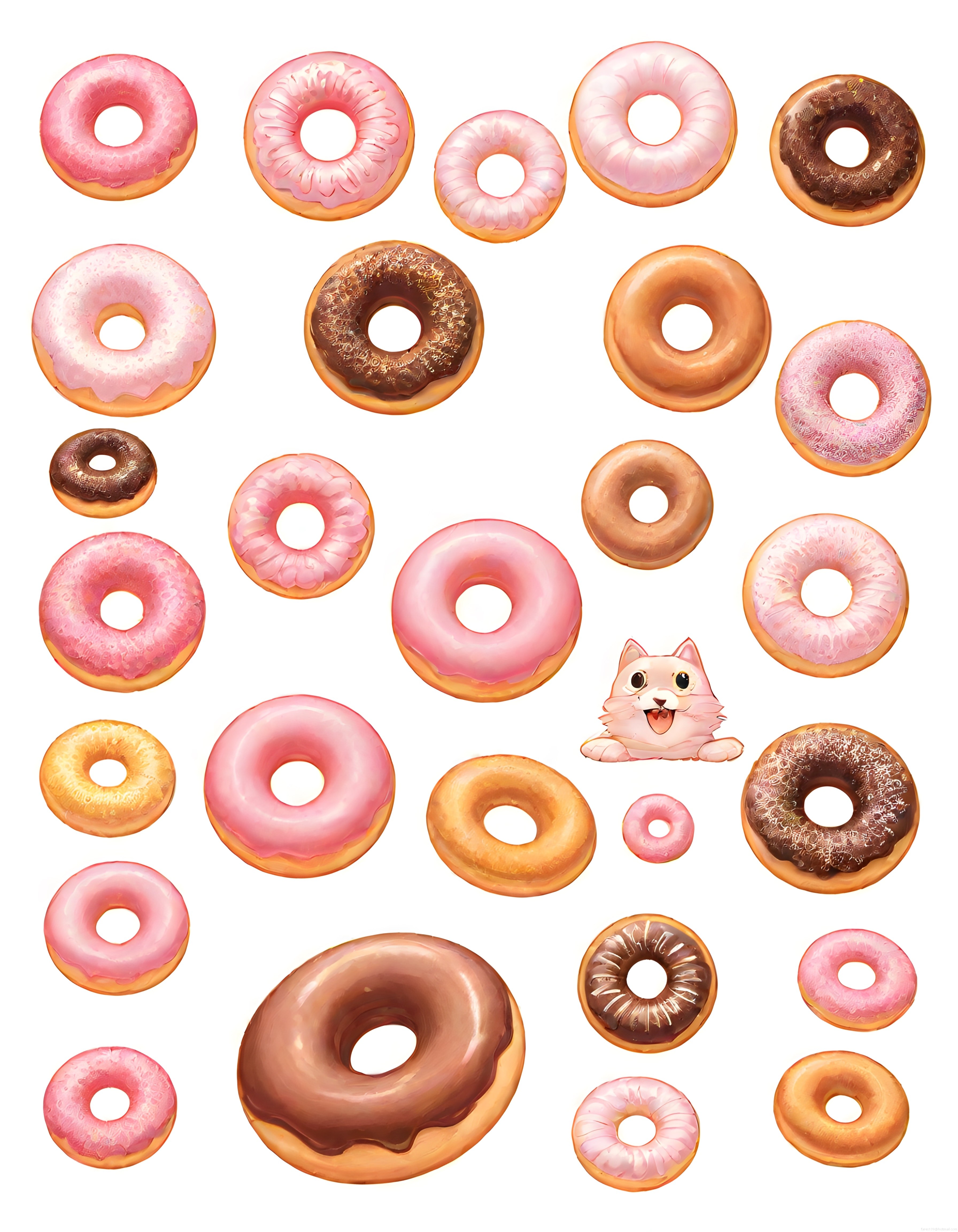 Renkli Glazürlü Donutlar ve Ortadaki Sevimli Kedi ile Tatlı Dolu Bir Dünya