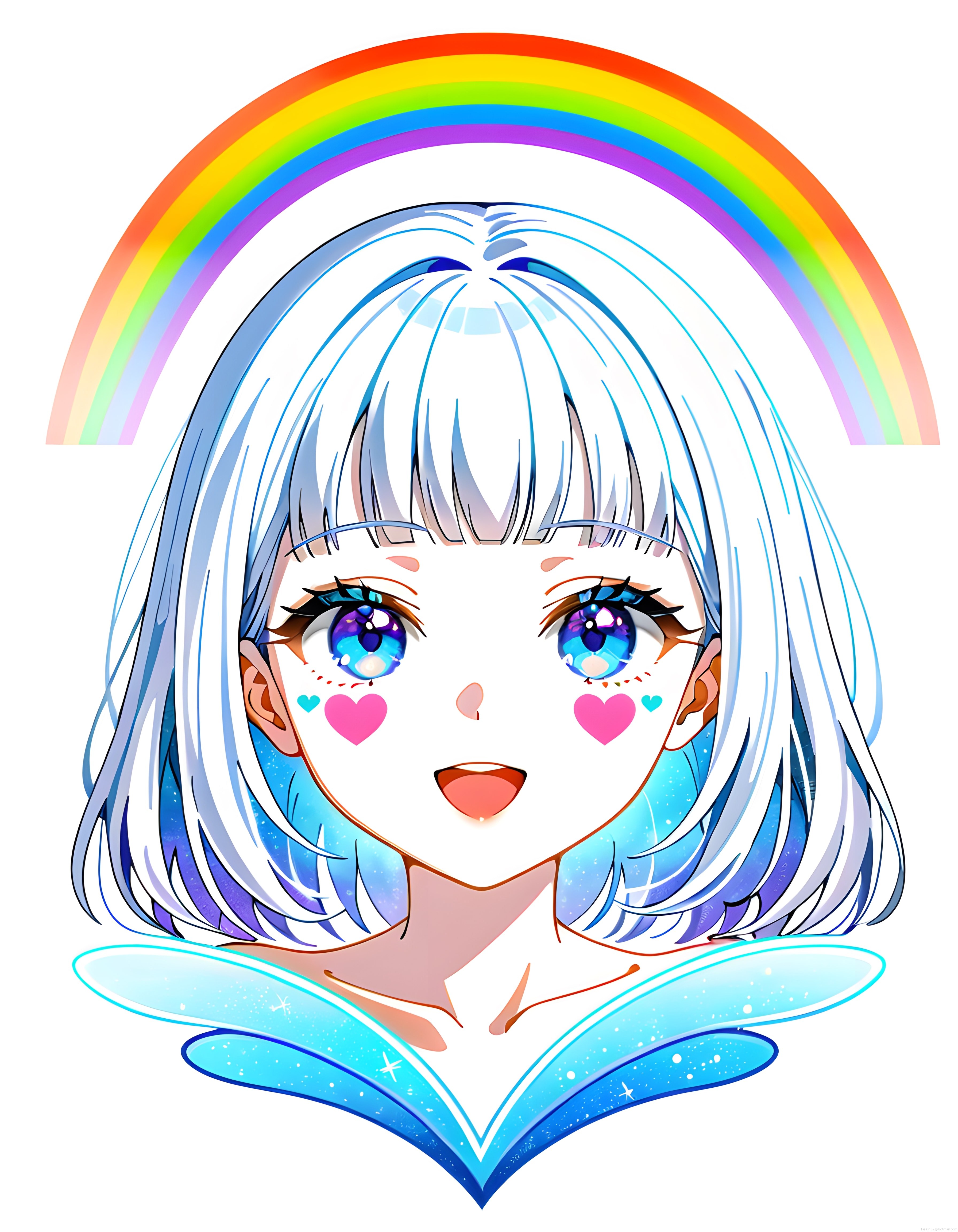 Renkli Gökkuşağı Saçlı Anime Kız Karakteri Dijital Sanat İllüstrasyonu