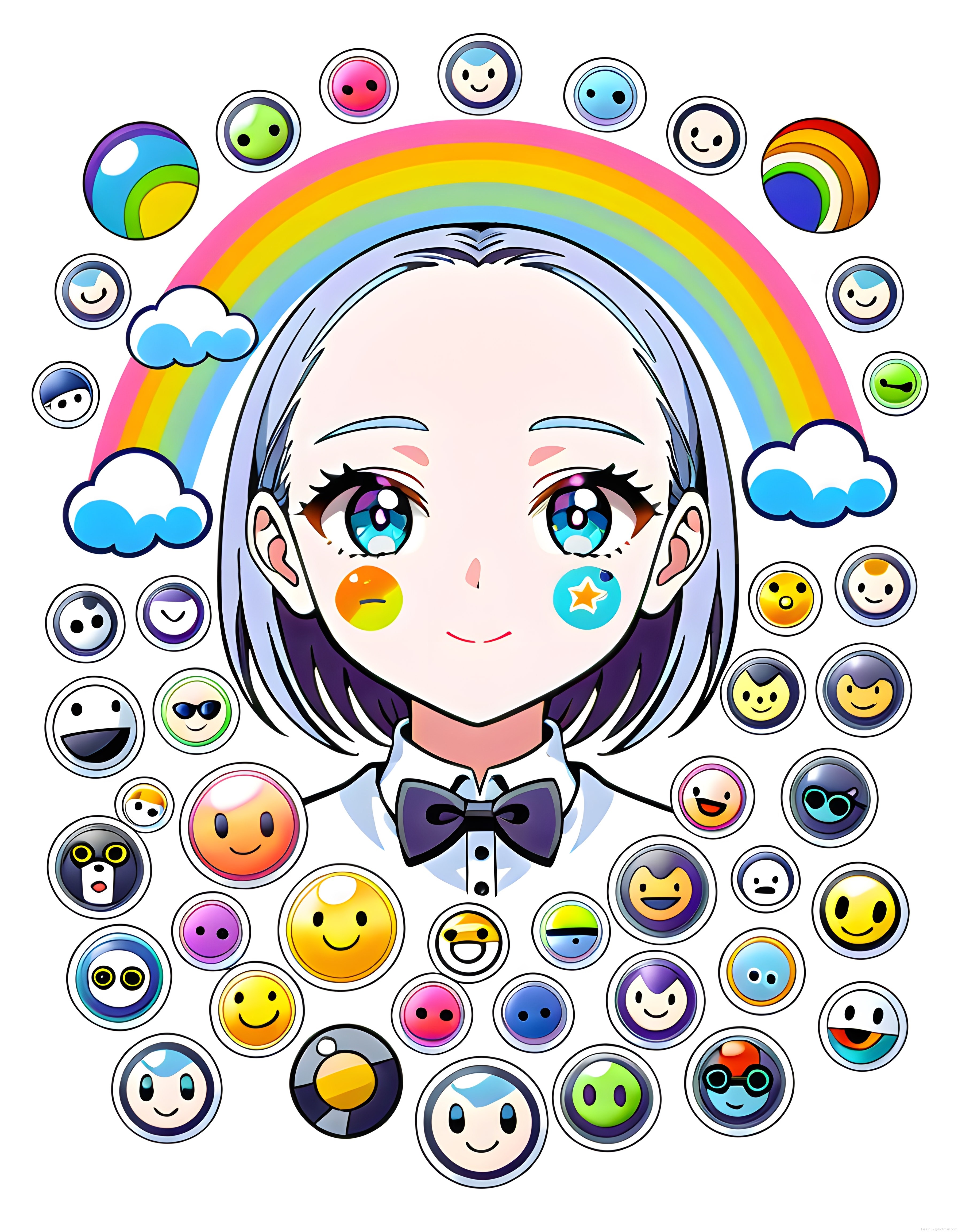 Renkli Gökkuşağı ve Emojilerle Çevrili Anime Kız Dijital Sanat Çalışması