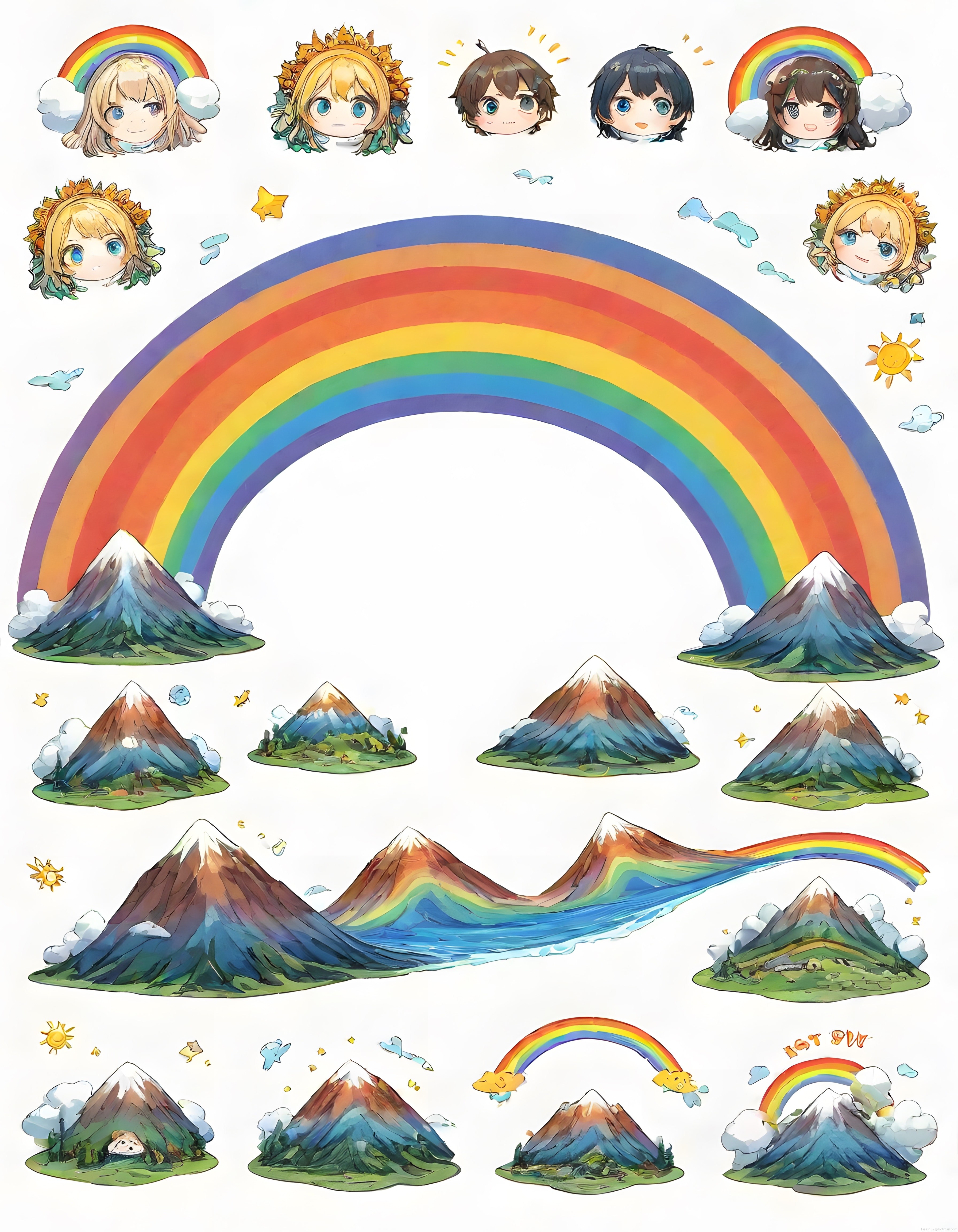 Renkli Gökkuşağı ve Sevimli Anime Karakterleriyle Dijital Sticker Koleksiyonu