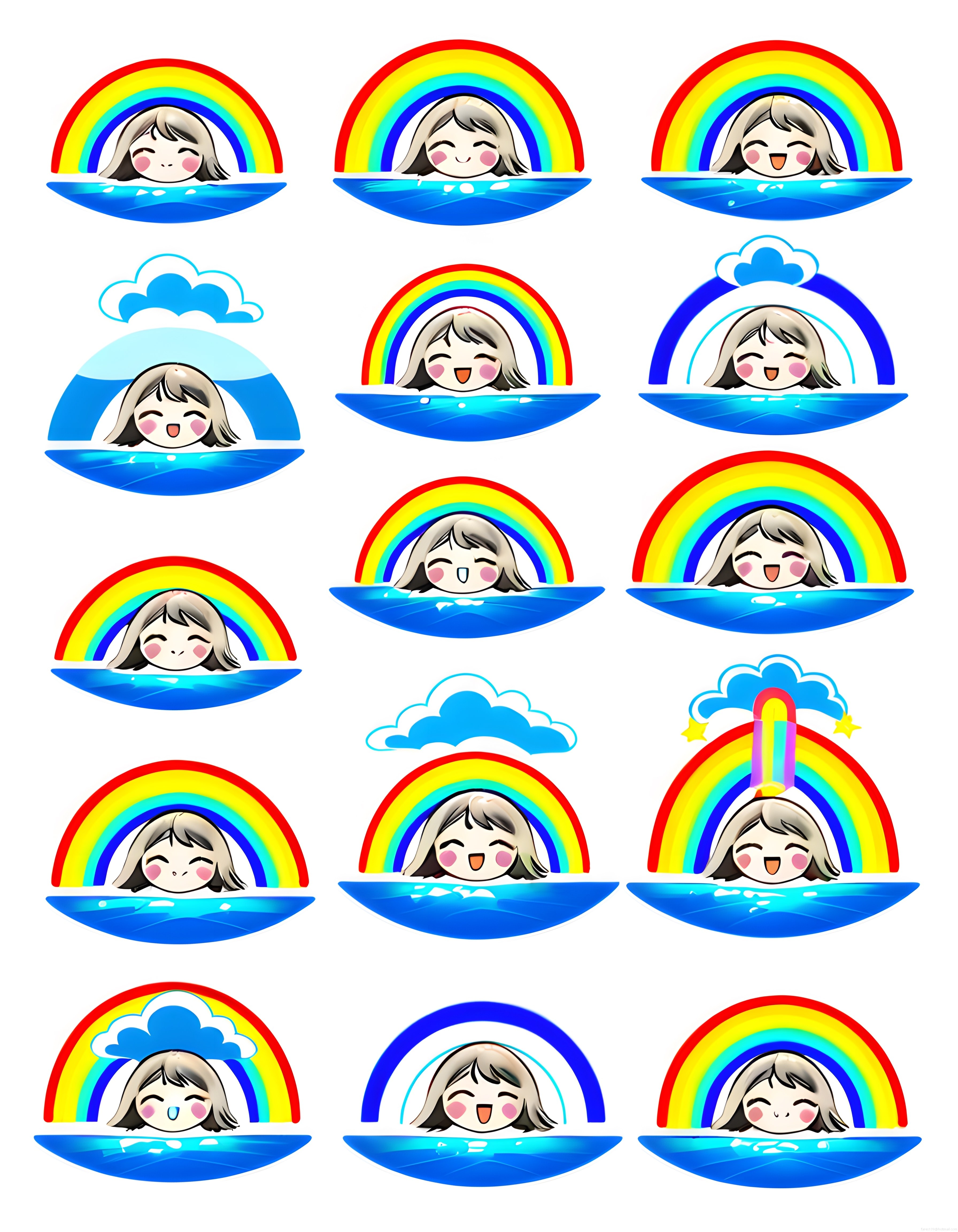 Renkli Gökkuşağı ve Suda Sevimli Kawaii Anime Karakteri Dijital Sticker Seti