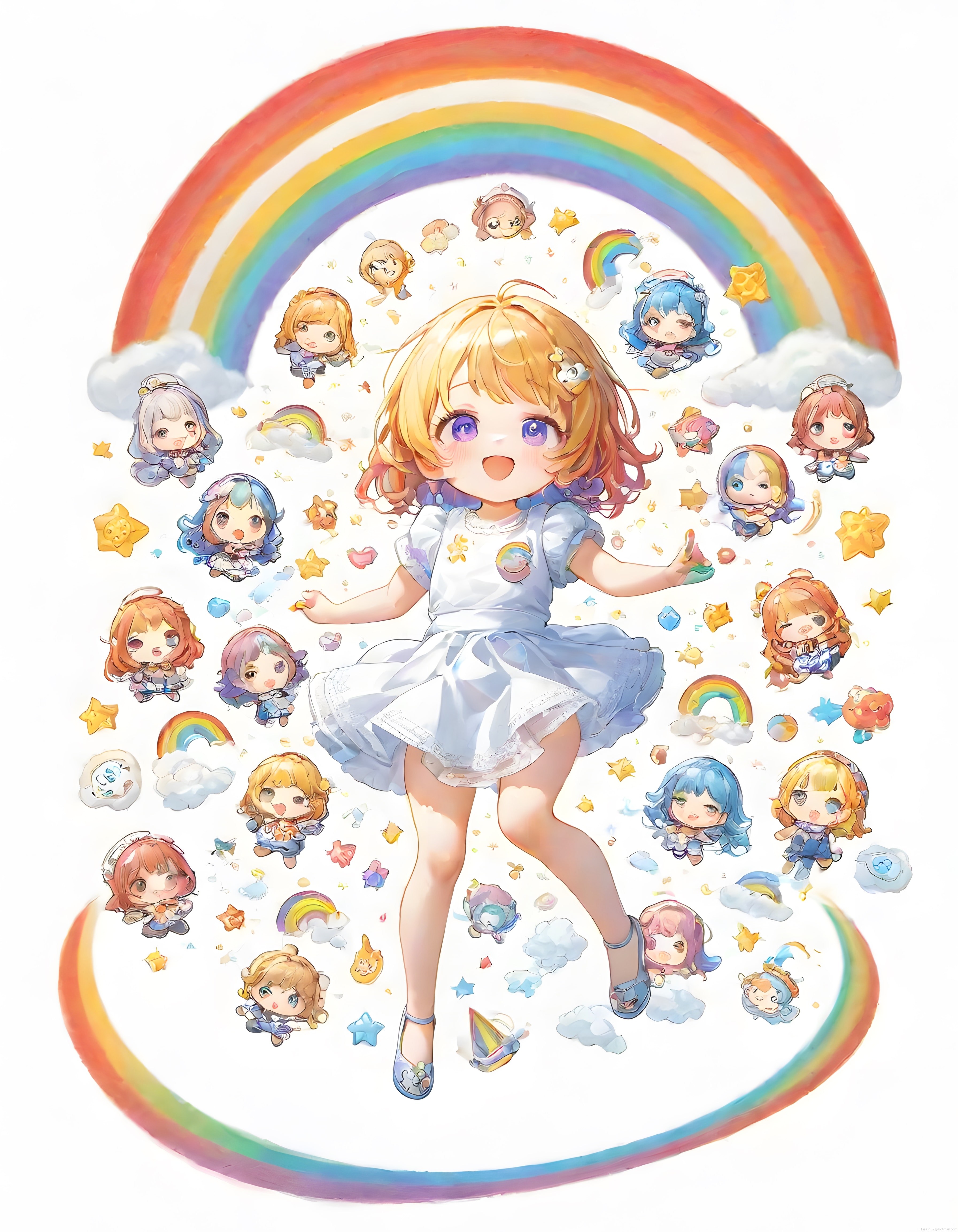 Renkli Gökkuşağı ve Yıldızlar Arasındaki Neşeli Chibi Anime Kızı