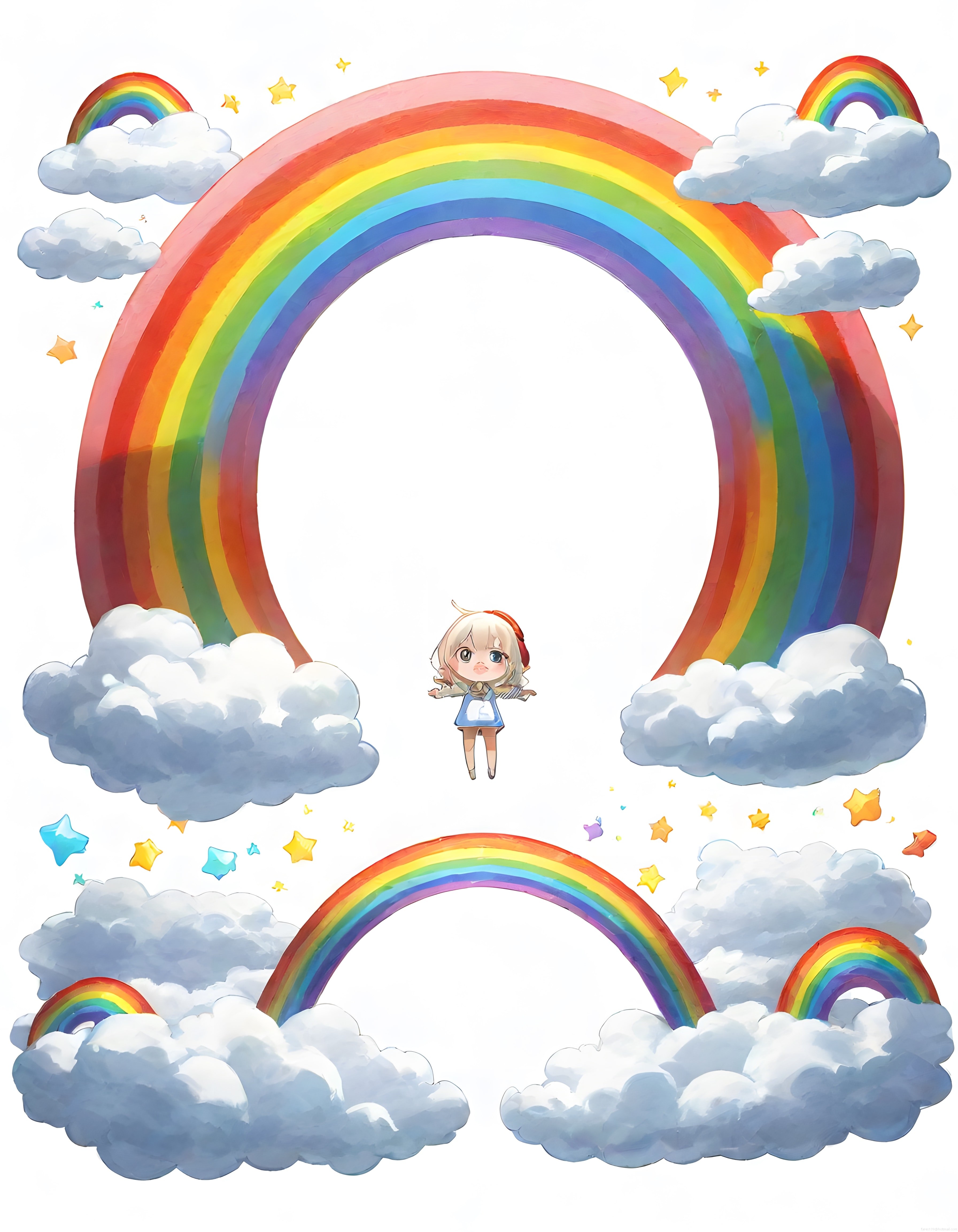 Renkli Gökkuşakları ve Bulutlar Etrafında Uçan Sevimli Chibi Kız Karakteri