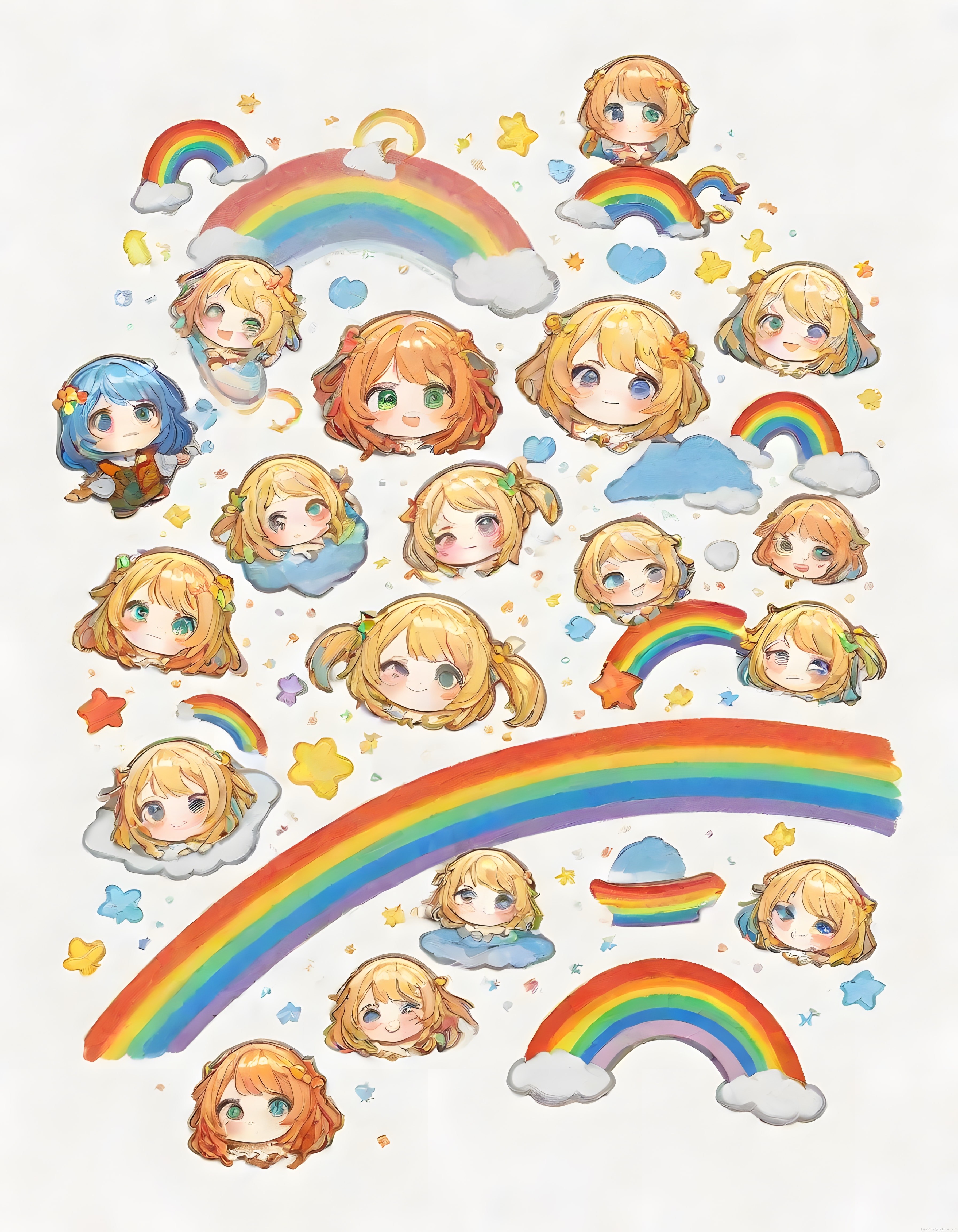 Renkli Gökkuşaklarıyla Sevimli Chibi Anime Kız Yüzleri Suluboya Sticker Seti
